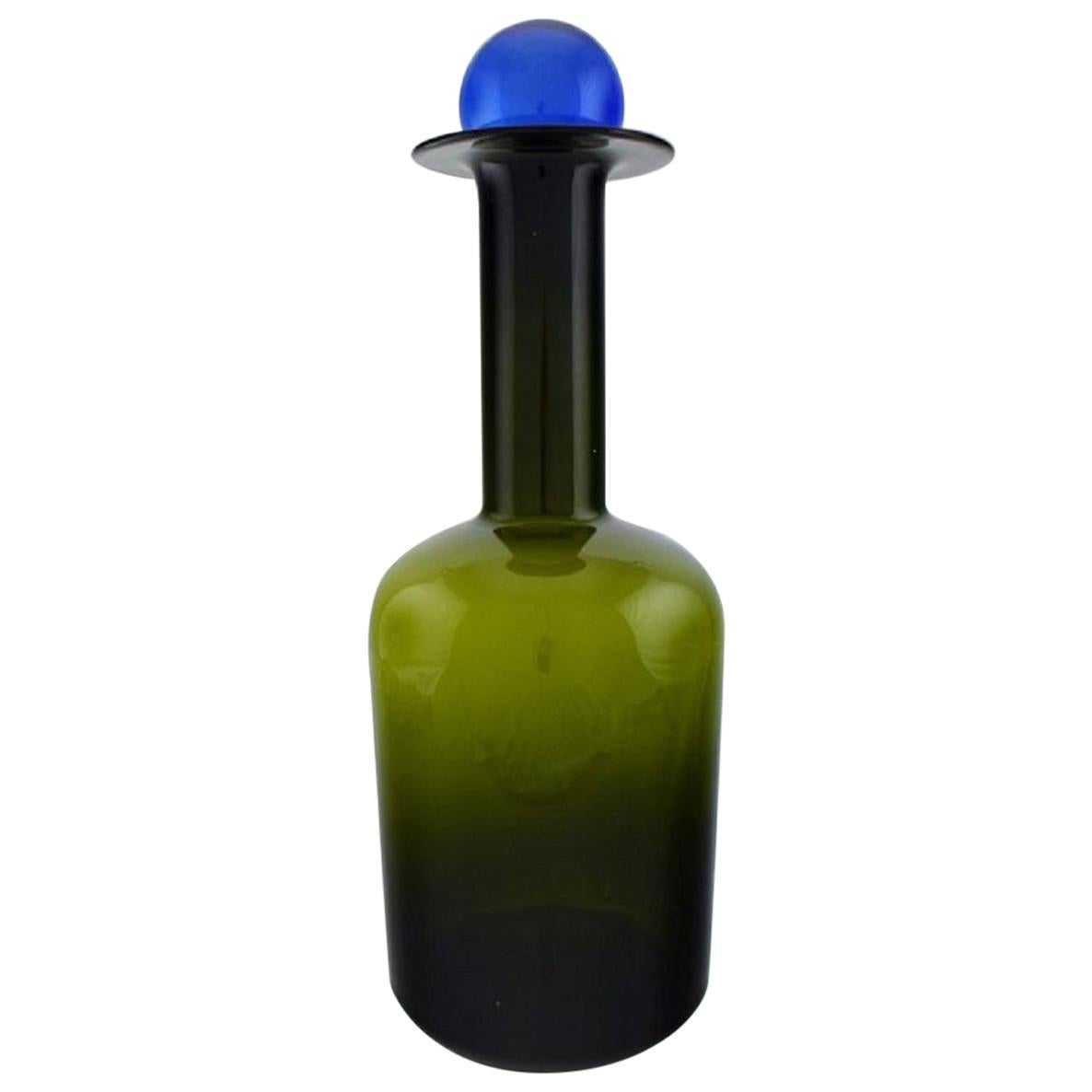 Otto Brauer for Holmegaard, Large Vase /Bottle in Green Art Glass with Blue Ball
