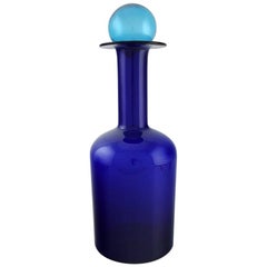 Otto Brauer for Holmegaard Large Vase or Bottle in Blue Art Glass with Blue Ball