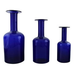 Otto Brauer for Holmegaard, Three Large Vases / Bottles in Dark Blue Art Glass