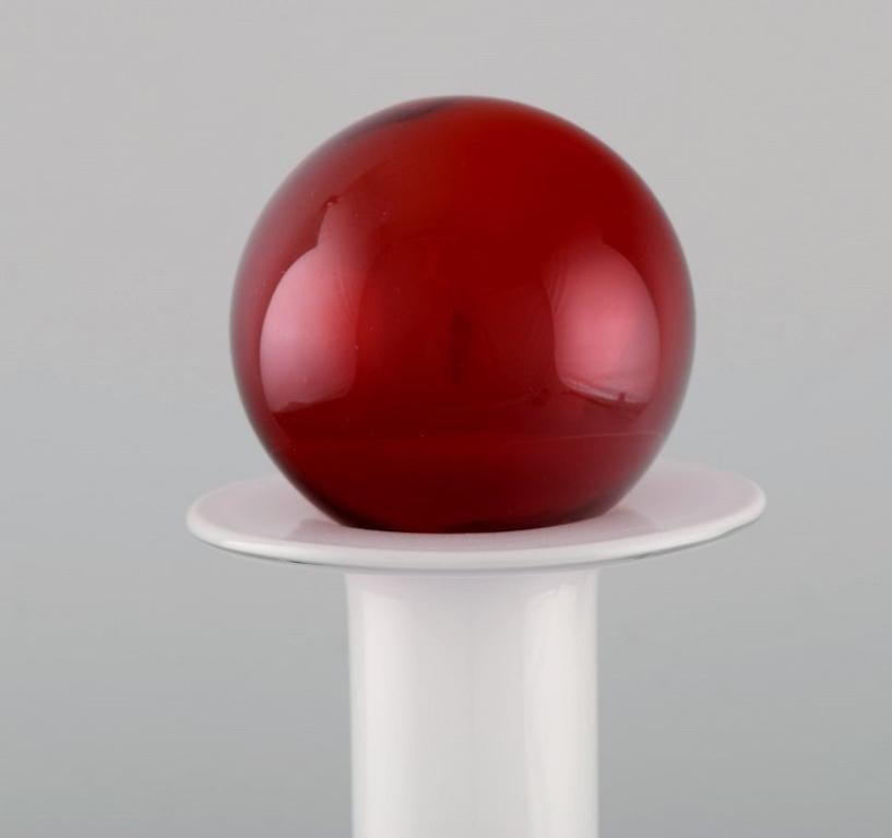 Danish Otto Brauer for Holmegaard, Vase / Bottle in White Art Glass with Red Ball For Sale