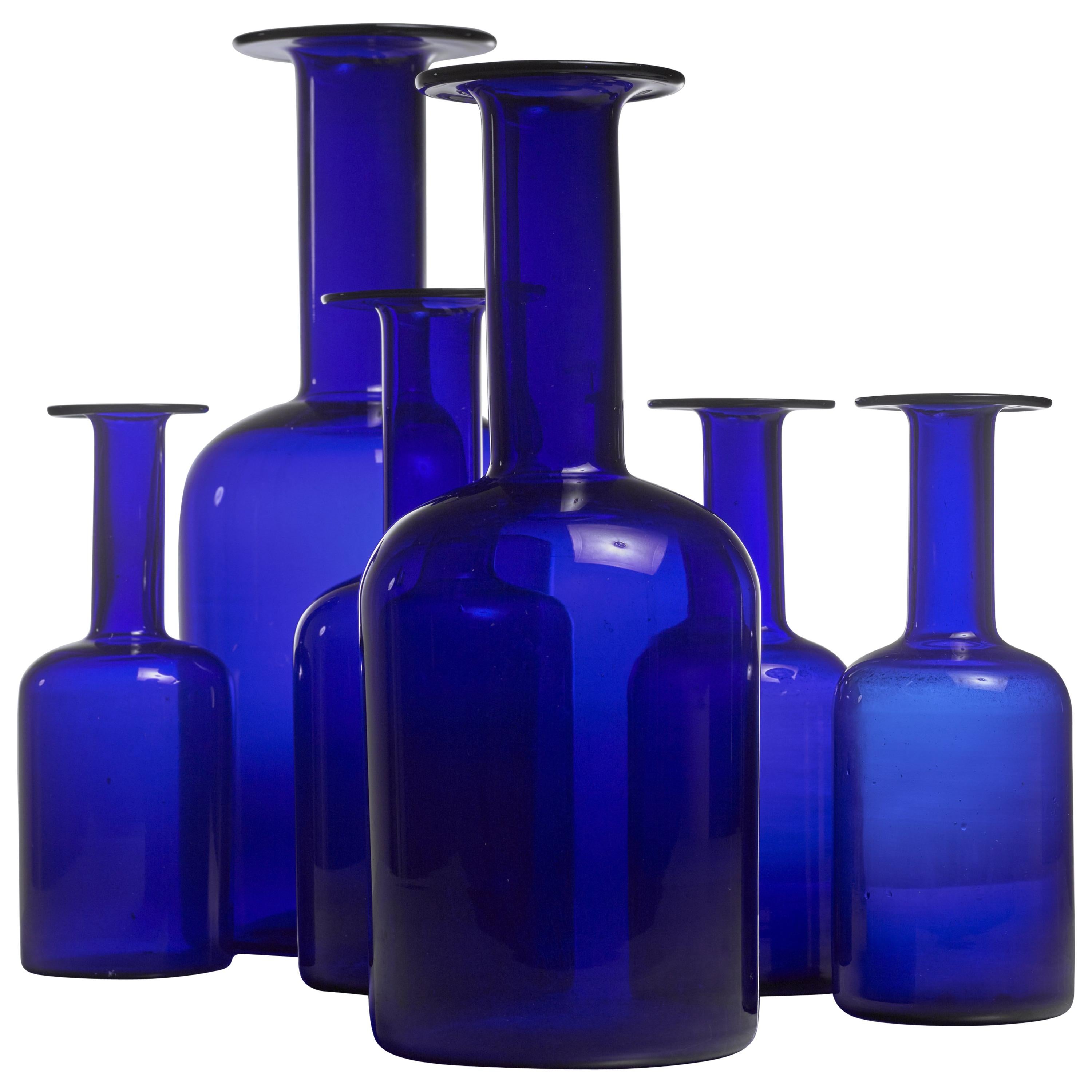 Otto Brauer Set of Six Blue Glass Vases for Holmegaard, Denmark