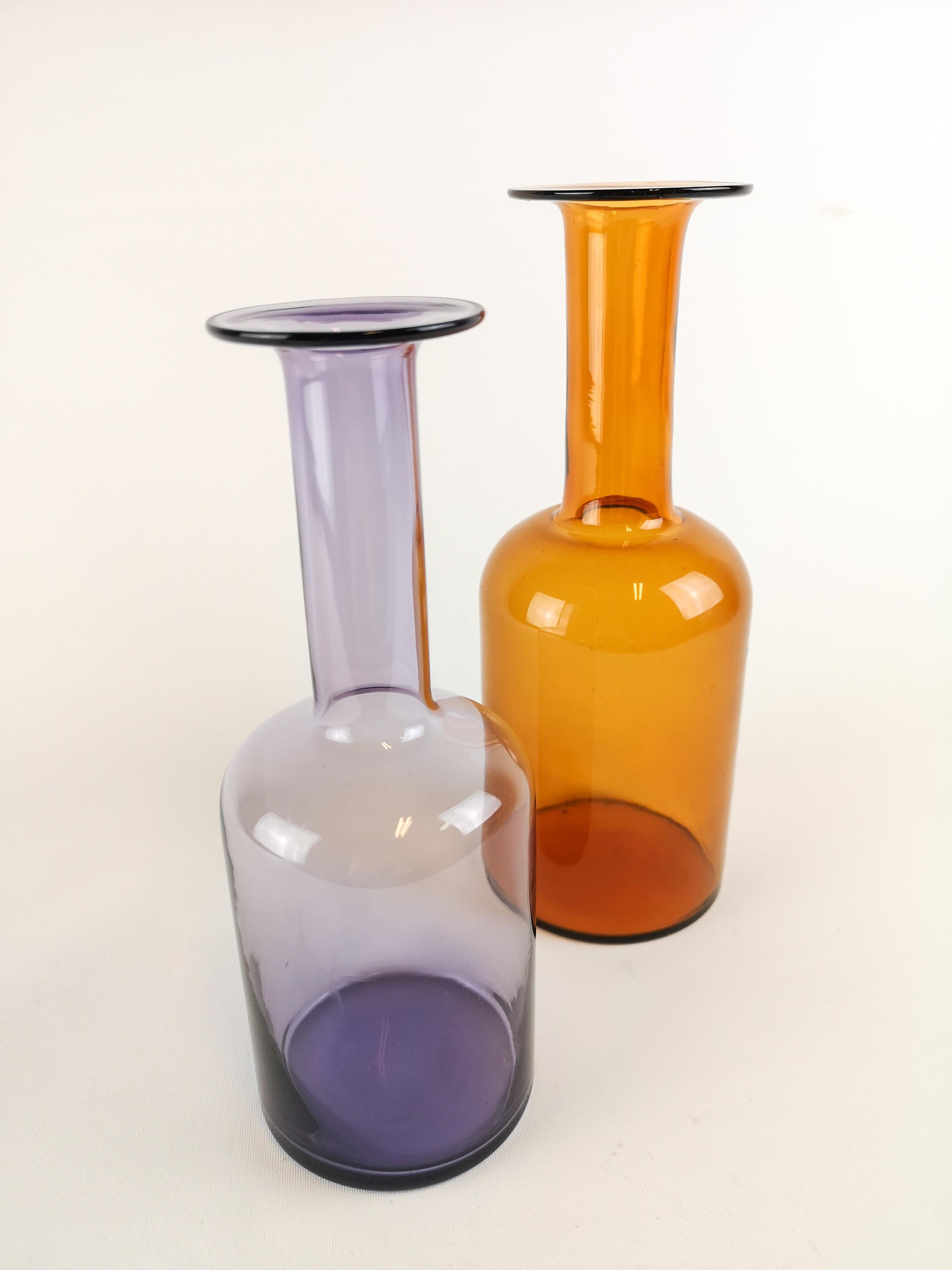 Mid-Century Modern Ensemble de 2 vases à bouteilles en verre Otto Breuer pour Holmegaard en vente
