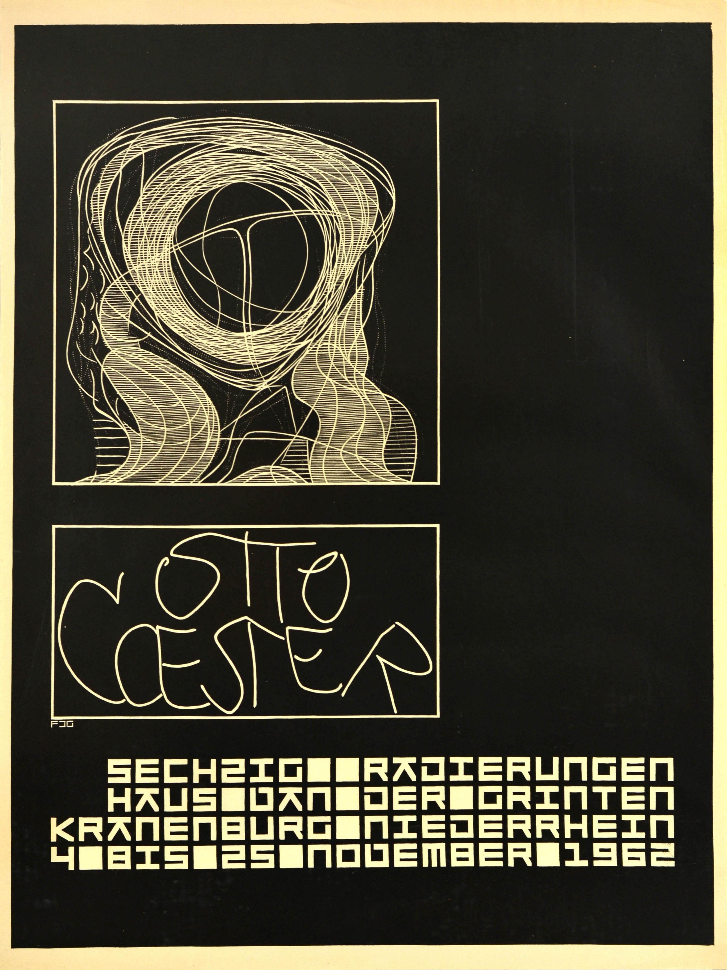 Original vintage advertising poster - Otto Coester Sechzig Raderungen / 60 Etchings art exhibition at Haus Van Der Grinten Kranenburg Niederrhein from 4 to 25 November 1962 featuring an abstract design in circular lines and wavy shapes on a black