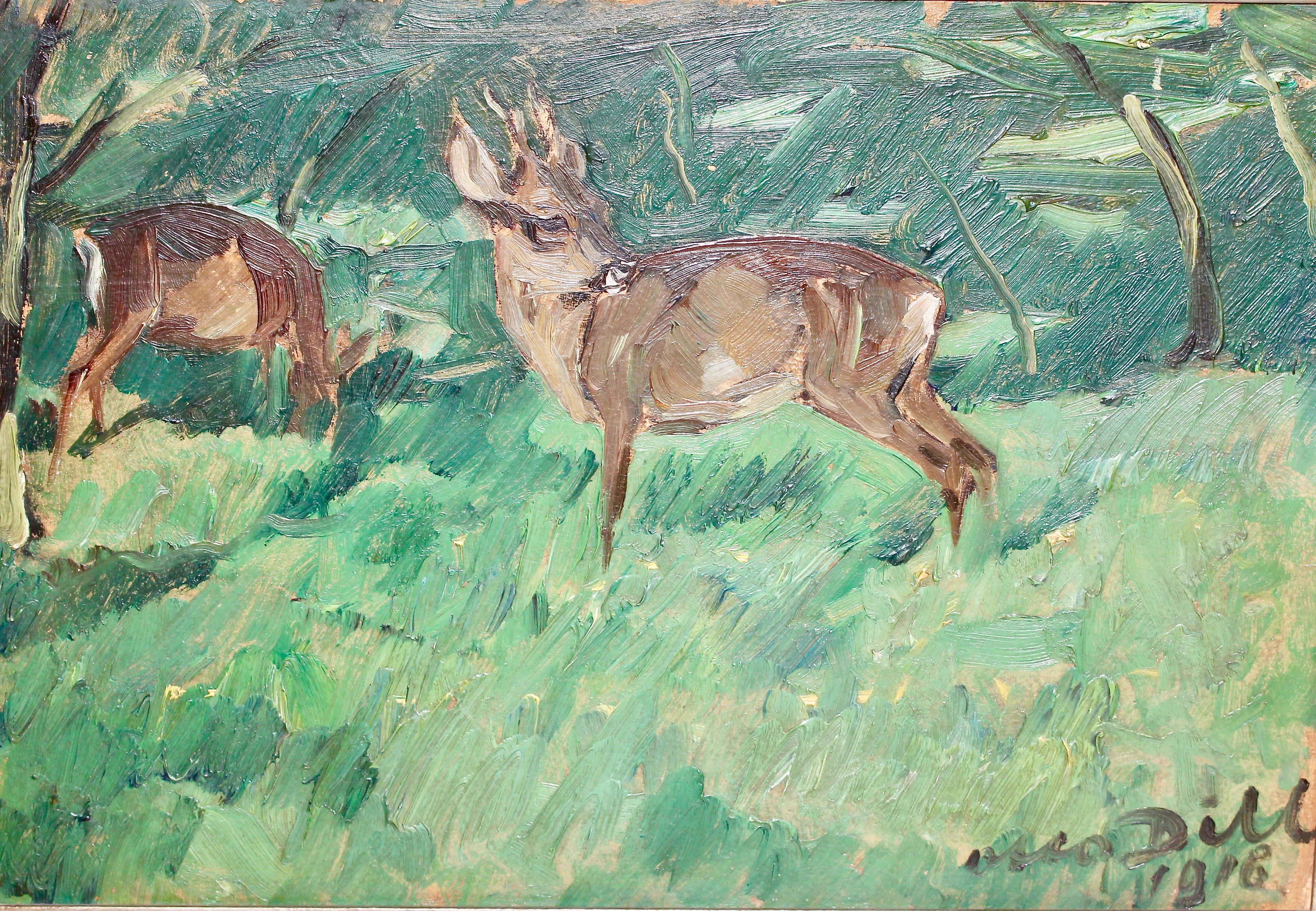 Otto Dill, "Deer", 1918, oil painting, two grazing fawns.