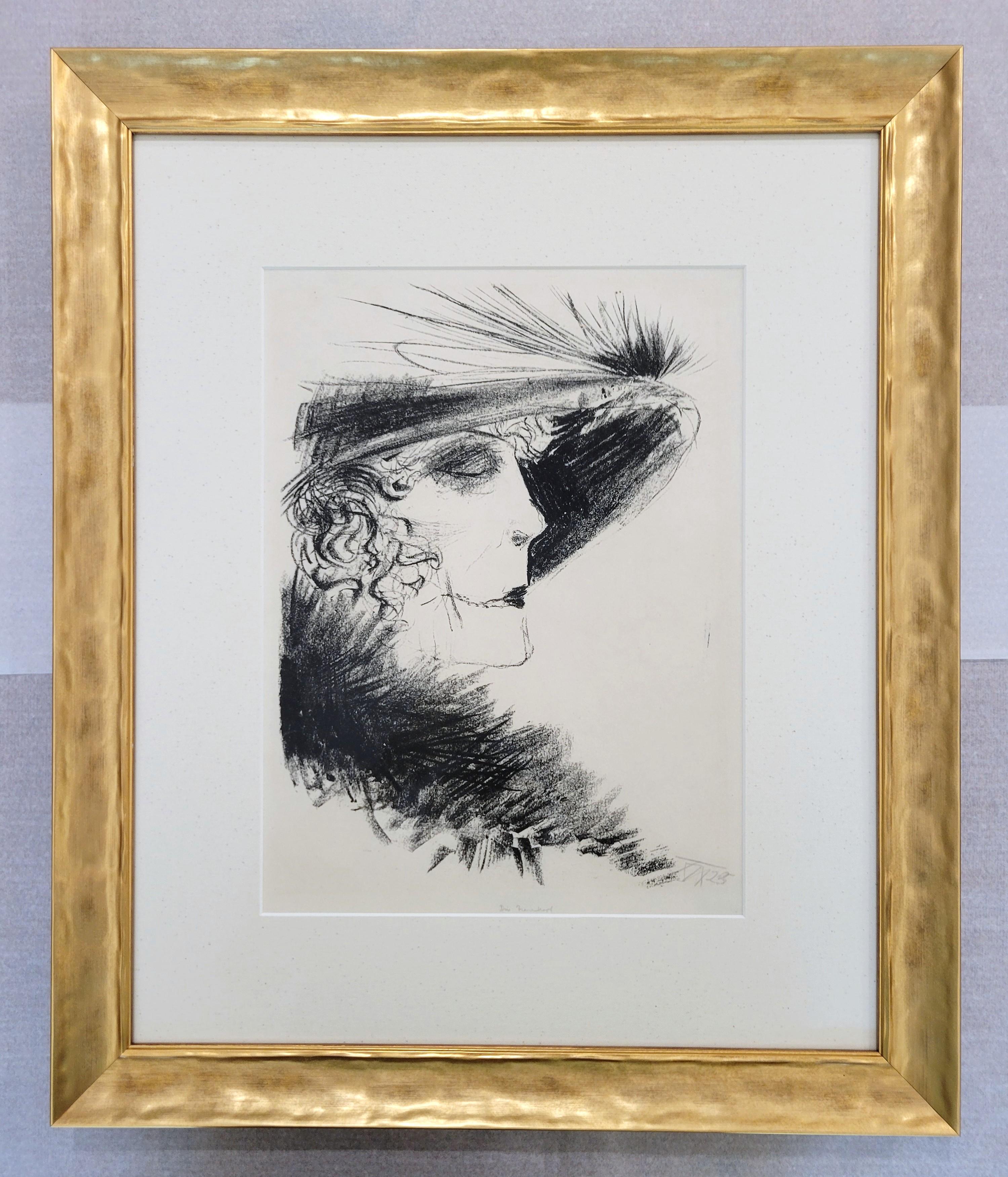 Dame mit Reiher (Woman with a Tuft of Heron Feathers) /// German Expressionism - Gray Portrait Print by Otto Dix