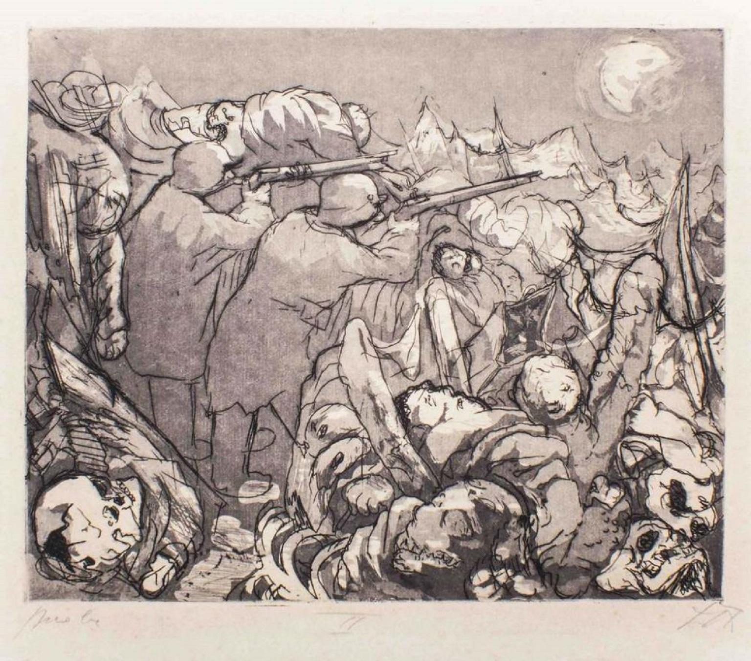Otto Dix Figurative Print – Die Vorposten in den Schützengräben müssen die nächtliche Bombardierung aufrechterhalten - 1924