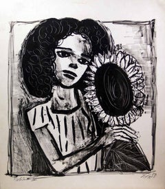 Woman with Sunflower - Original Lithograph by Otto Dix - 1958