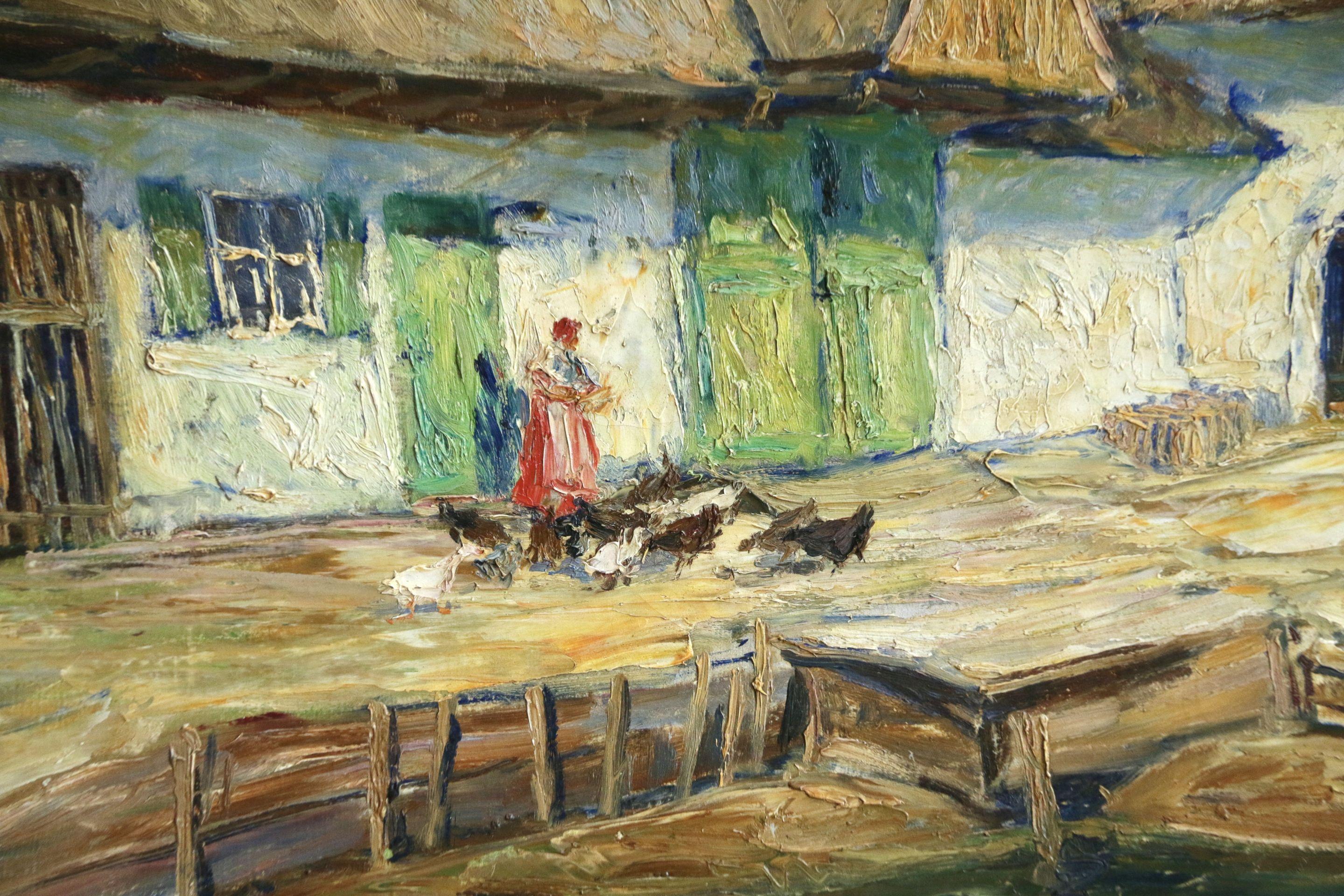 Alte Bauernhof - 20th Century Oil, Figure & Animals in Farmyard by O E Pippel – Painting von Otto Eduard Pippel