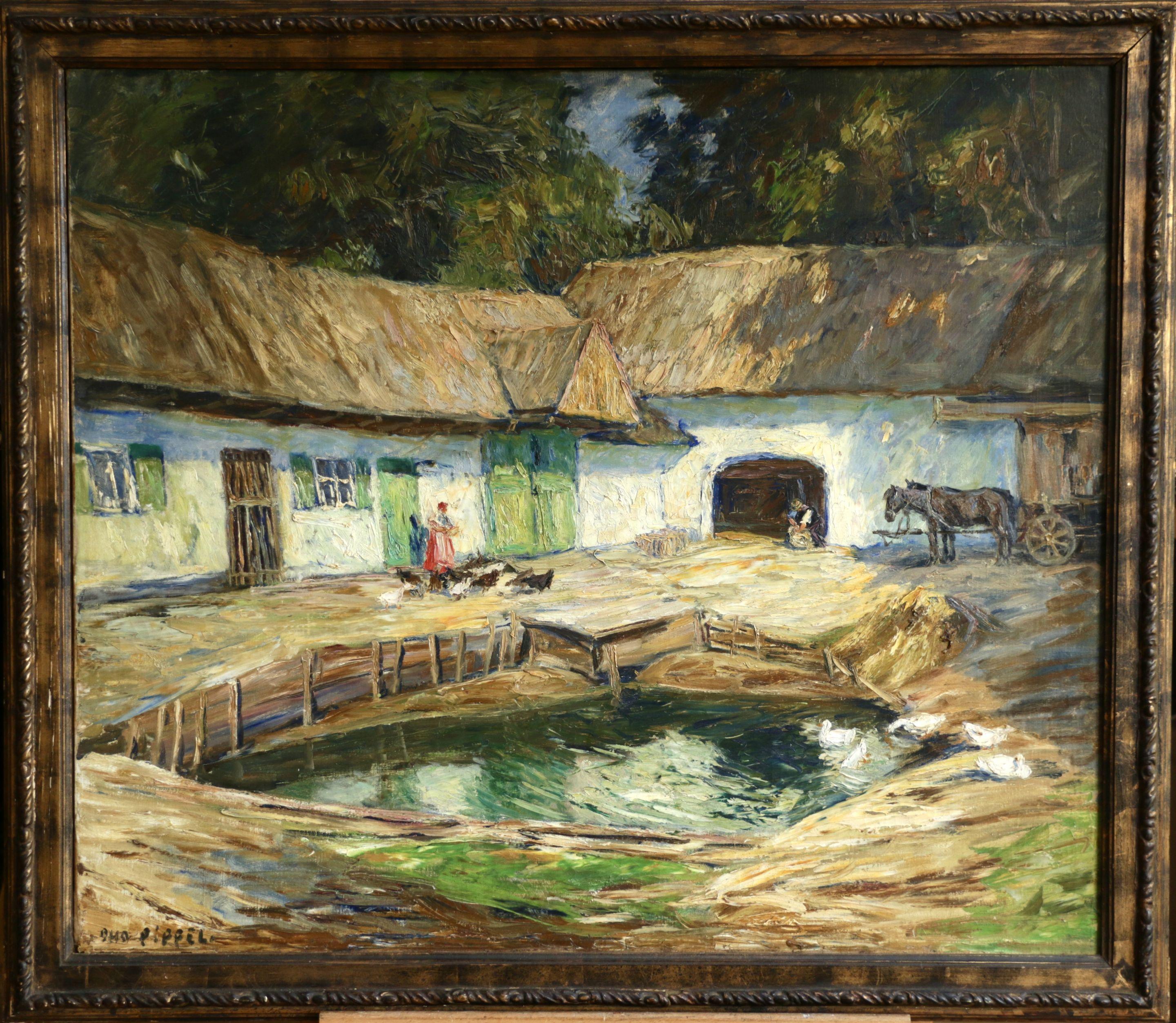 Alte Bauernhof - 20th Century Oil, Figure & Animals in Farmyard by O E Pippel - Post-Impressionist Painting by Otto Eduard Pippel
