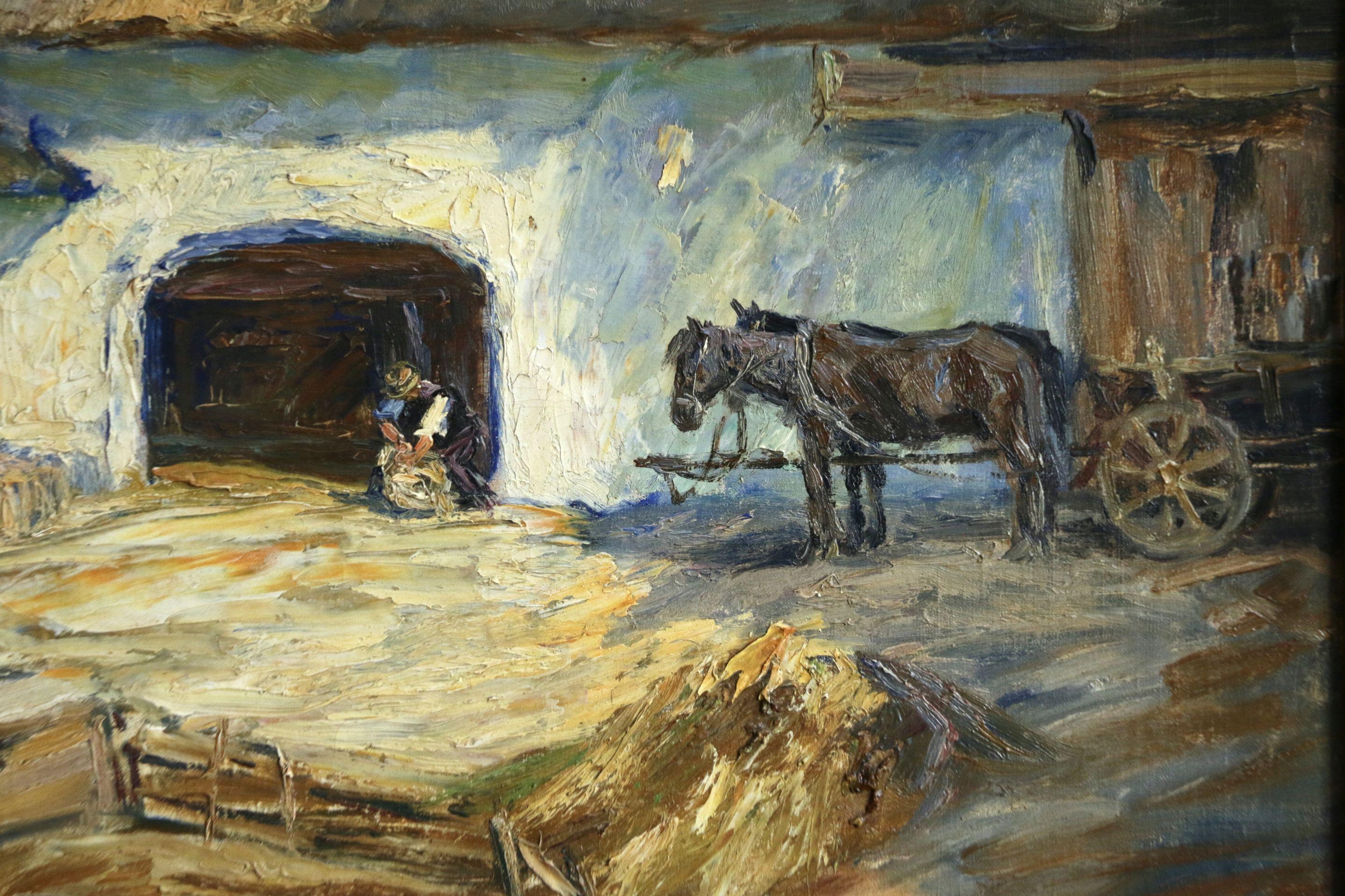 Alte Bauernhof - 20th Century Oil, Figure & Animals in Farmyard by O E Pippel (Grau), Animal Painting, von Otto Eduard Pippel