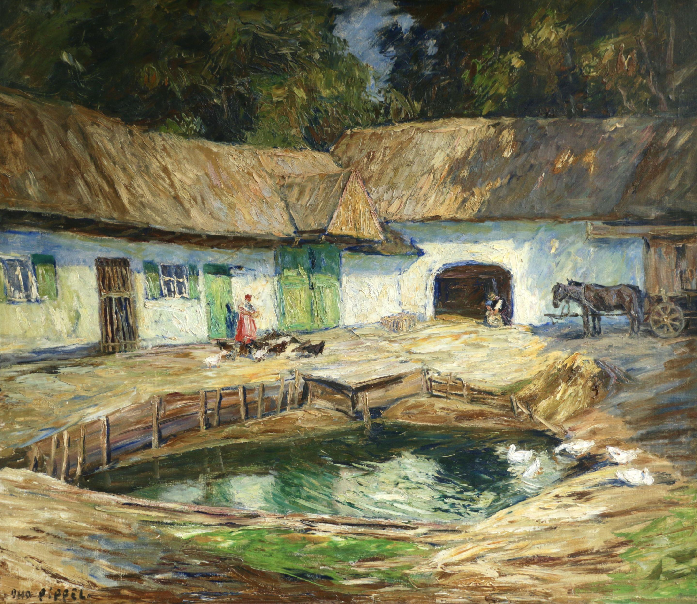 Otto Eduard Pippel Animal Painting - Alte Bauernhof - 20th Century Oil, Figure & Animals in Farmyard by O E Pippel