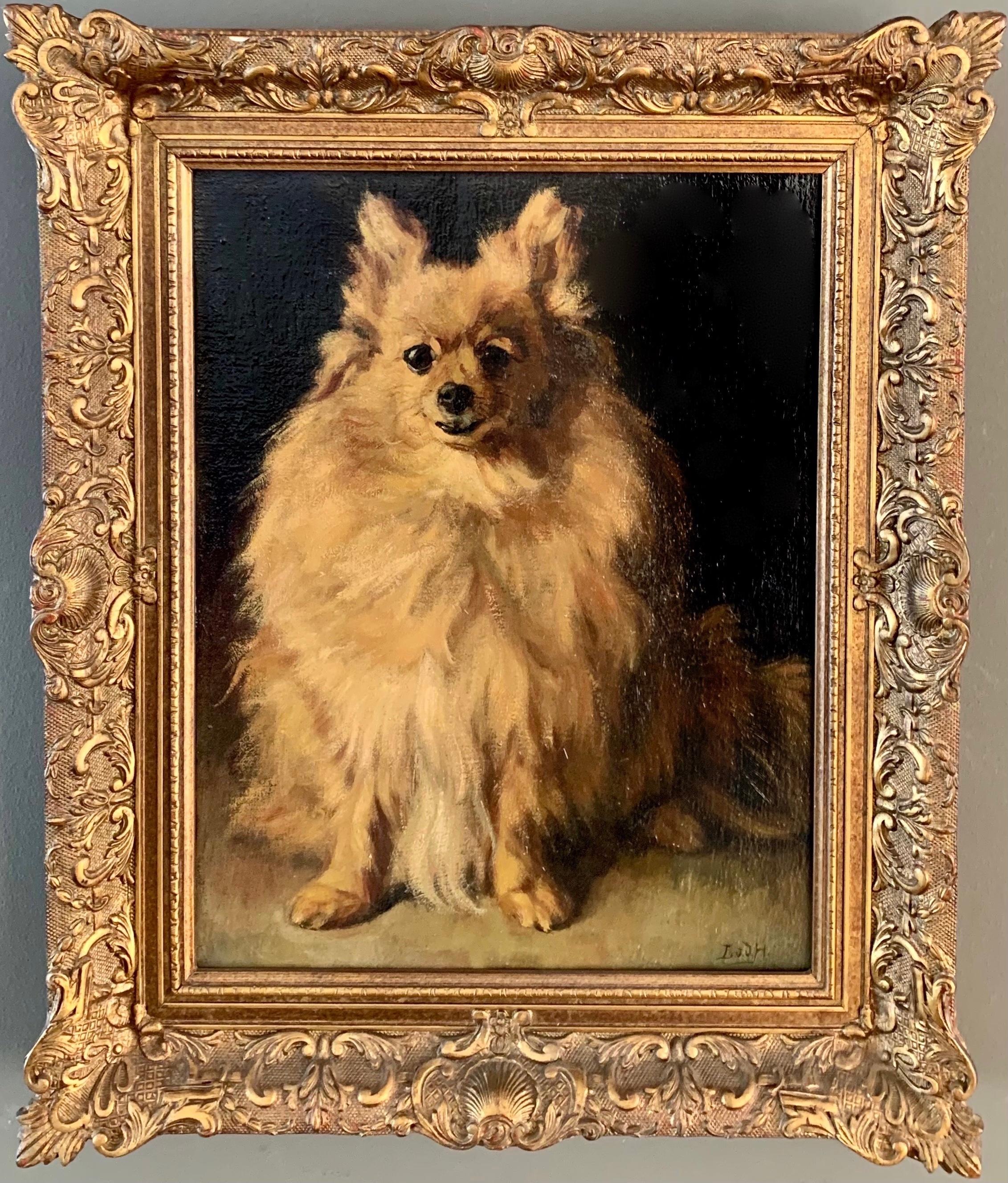 Otto Eerelman Interior Painting - 19th century European Portrait of a Pomeranian or Chihuahua- Life size Dog Genre