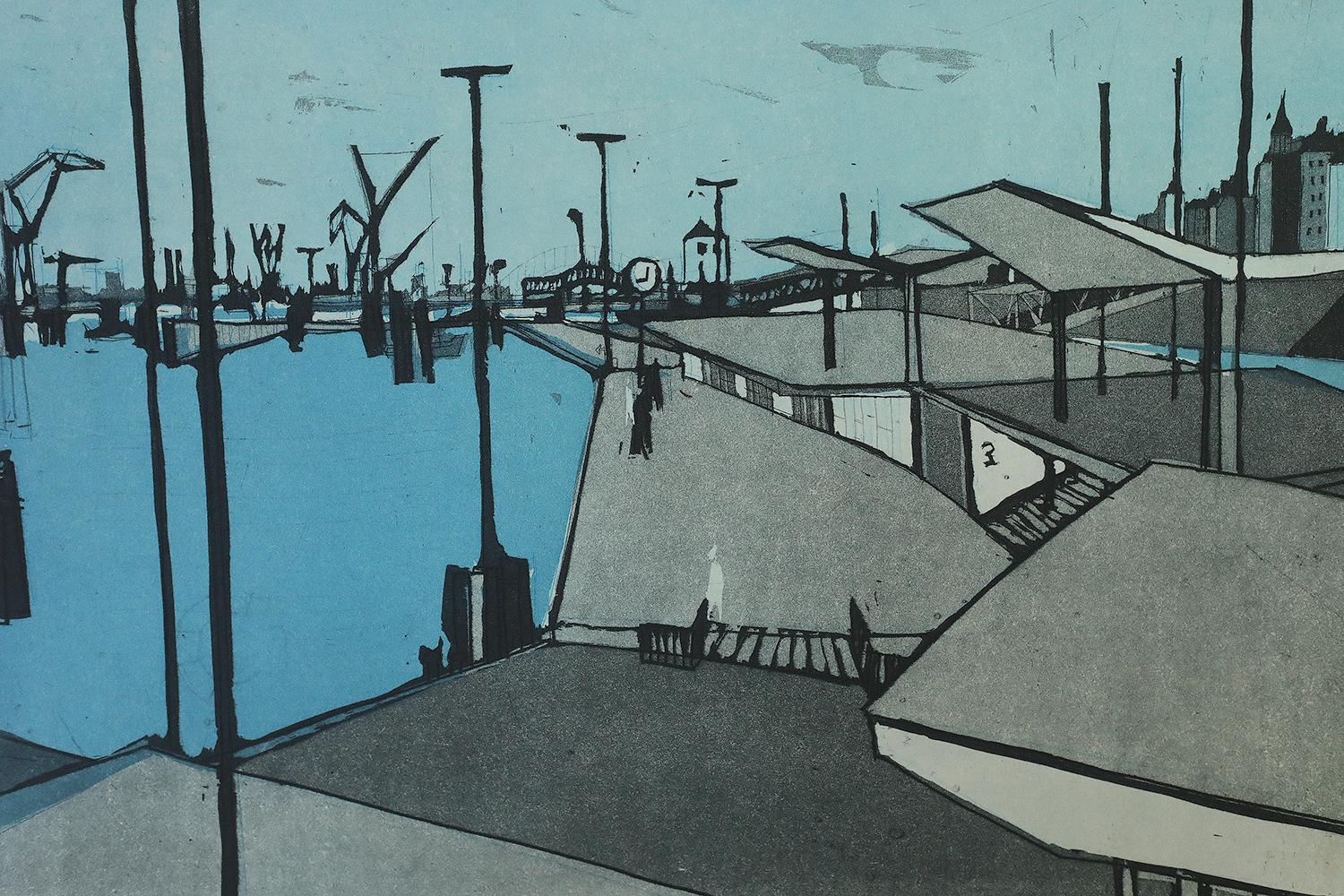 Otto Eglau, Im Hafen, 1961
Etching
Test print
The work signed by the artist's signature. Has title and date.
Dimensions 47/60
Unframed work

Otto Eglau (1917 - 1988) was a German artist whose graphics often depict abstract seascapes, power lines