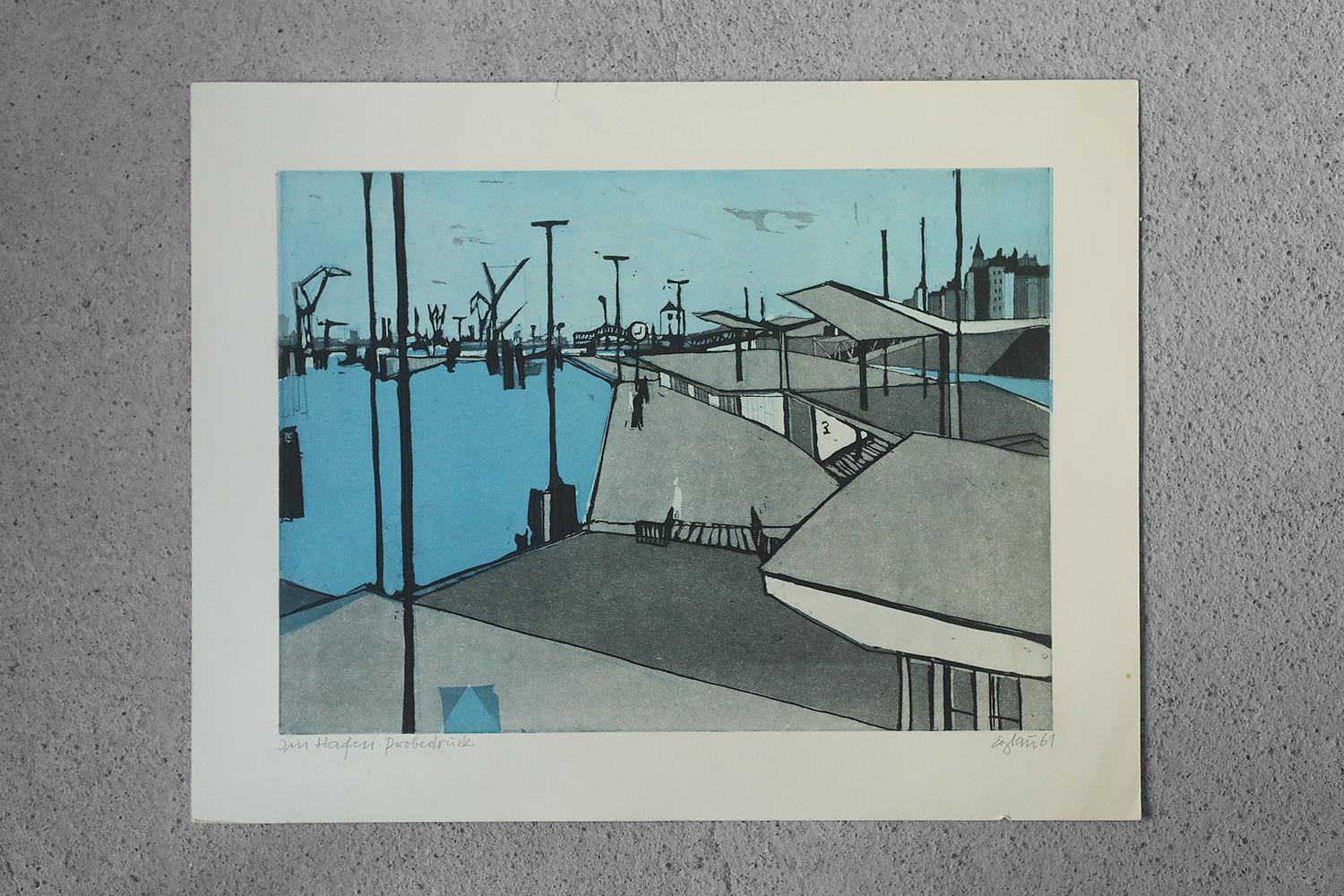 Mid-Century Modern Otto Eglau, Im Hafen, gravure, 1961 en vente