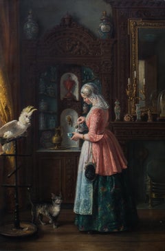 Lady Making Tea By A Cat & Cockatoo, 19th century