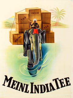 Original Vintage Tea Drink Advertising Poster For Meinl India Tee Ft. Elephant