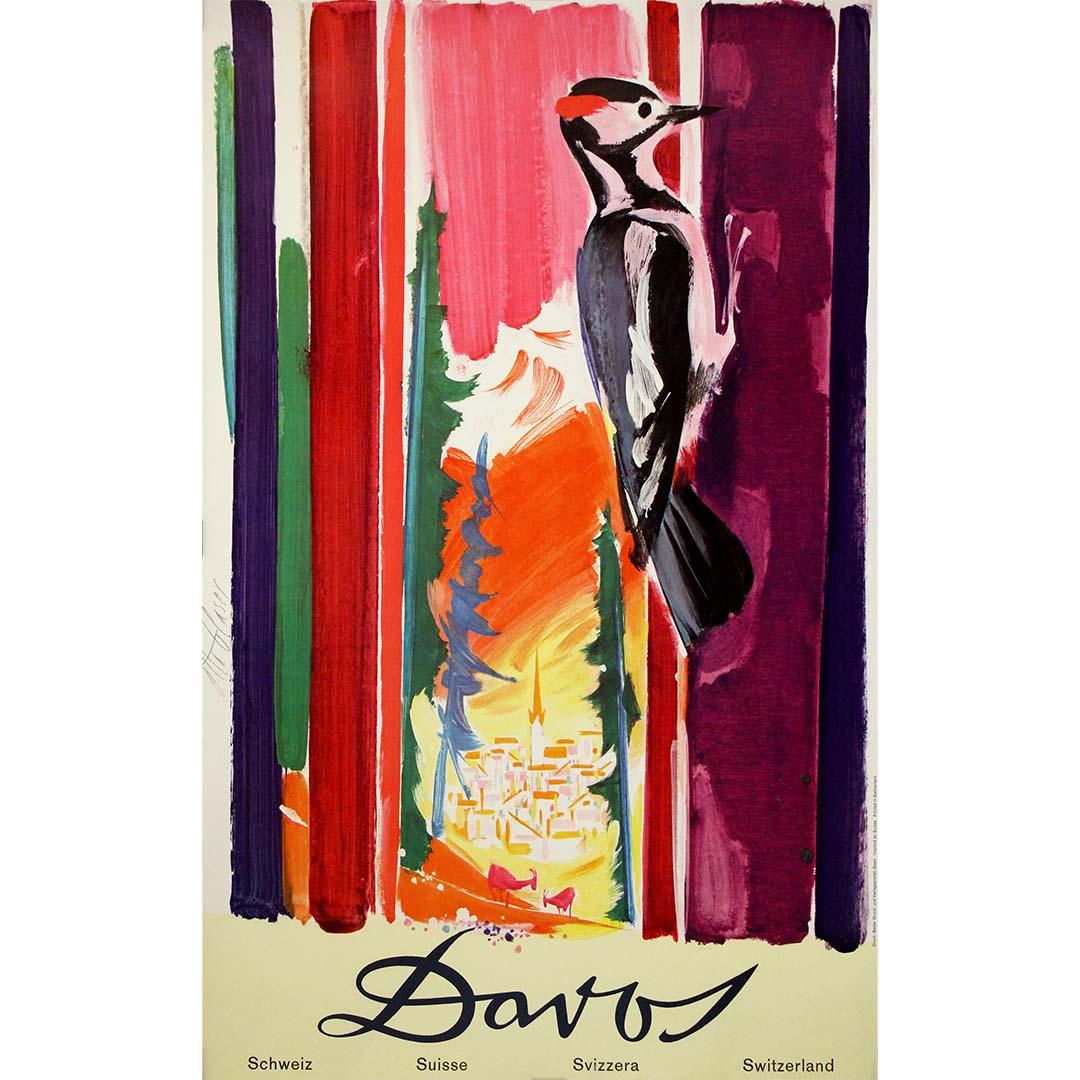 Cette vibrante affiche de voyage de 1957, réalisée par Otto Glaser, célèbre la station alpine de Townes, l
une des destinations de montagne les plus renommées de Suisse. Dominée par un pic (pic vert) perché sur des bandes verticales de couleurs