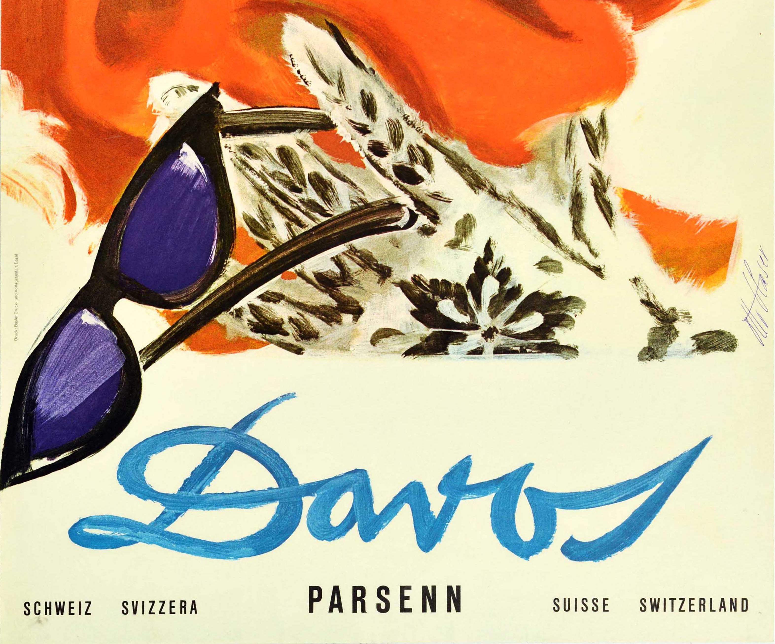 Original vintage travel poster for the popular ski resort of Davos Parsenn in Switzerland Schweiz Svizzera Suisse. Great artwork by the Swiss artist Otto Glaser (1915-1991) depicting a lady wearing a red shawl over her head held with a snowflake