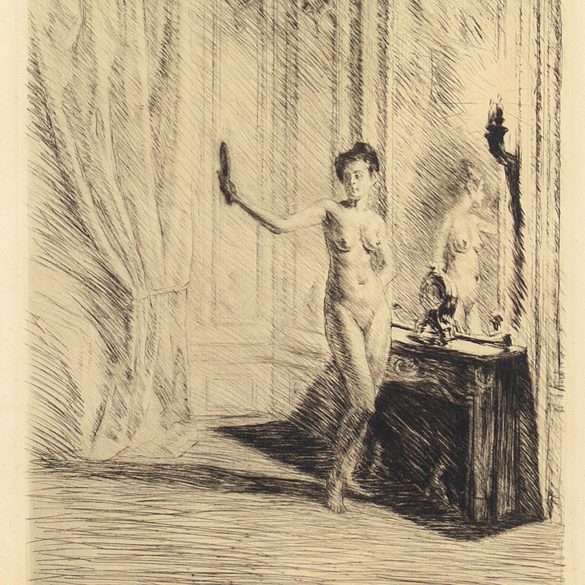 This early 20th-century etching by German artist Otto Goetze (1868-1931) depicts a nude within a bedroom setting. She poses while holding a mirror and catching her reflection. Goetze was a master of provocative scenes such as this. Seemingly