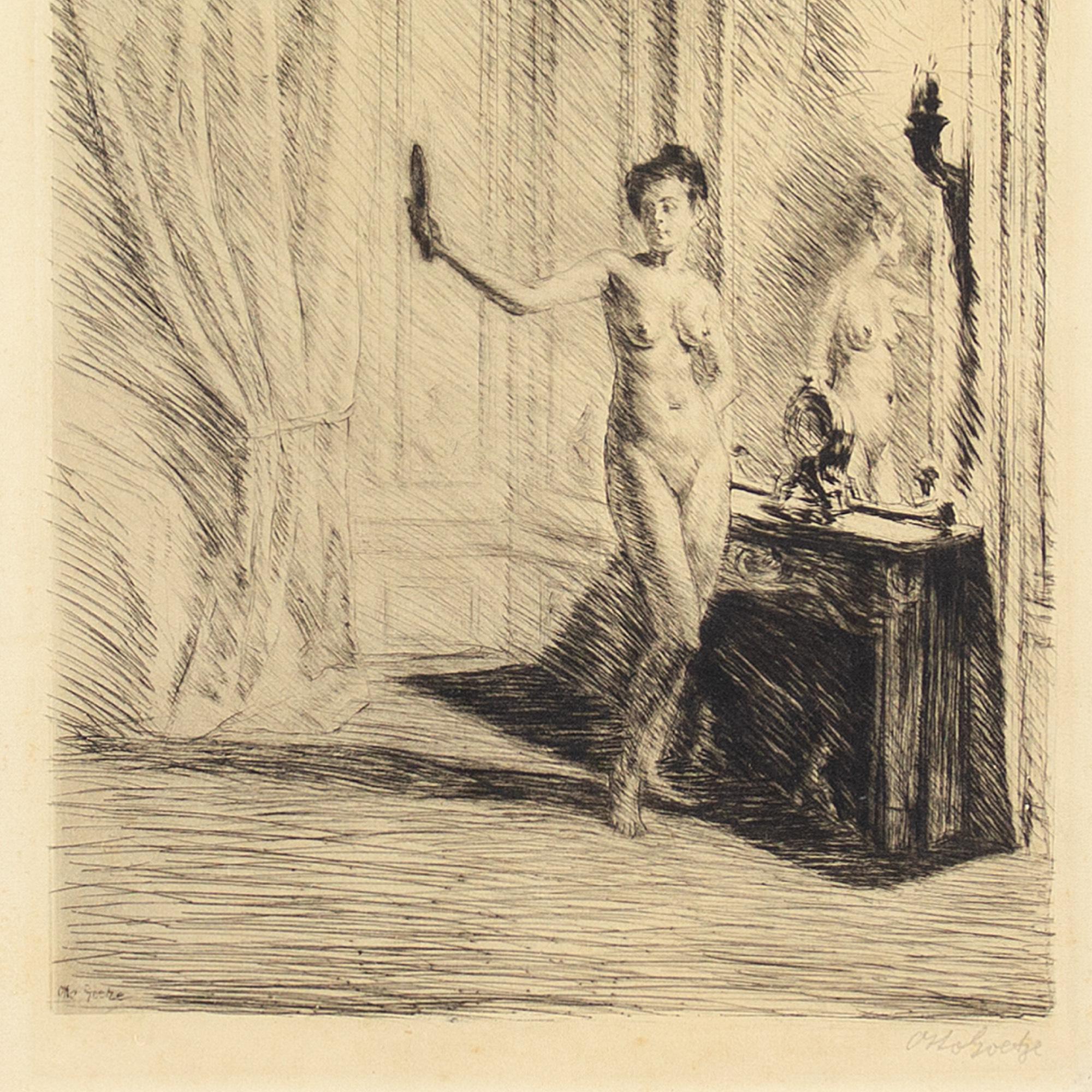 Otto Goetze, Interior With Standing Nude & Mirror, Etching For Sale 1
