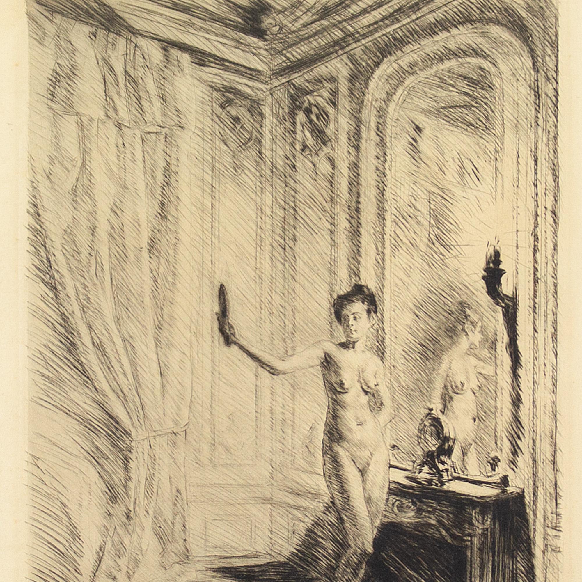 Otto Goetze, Interior With Standing Nude & Mirror, Etching For Sale 2
