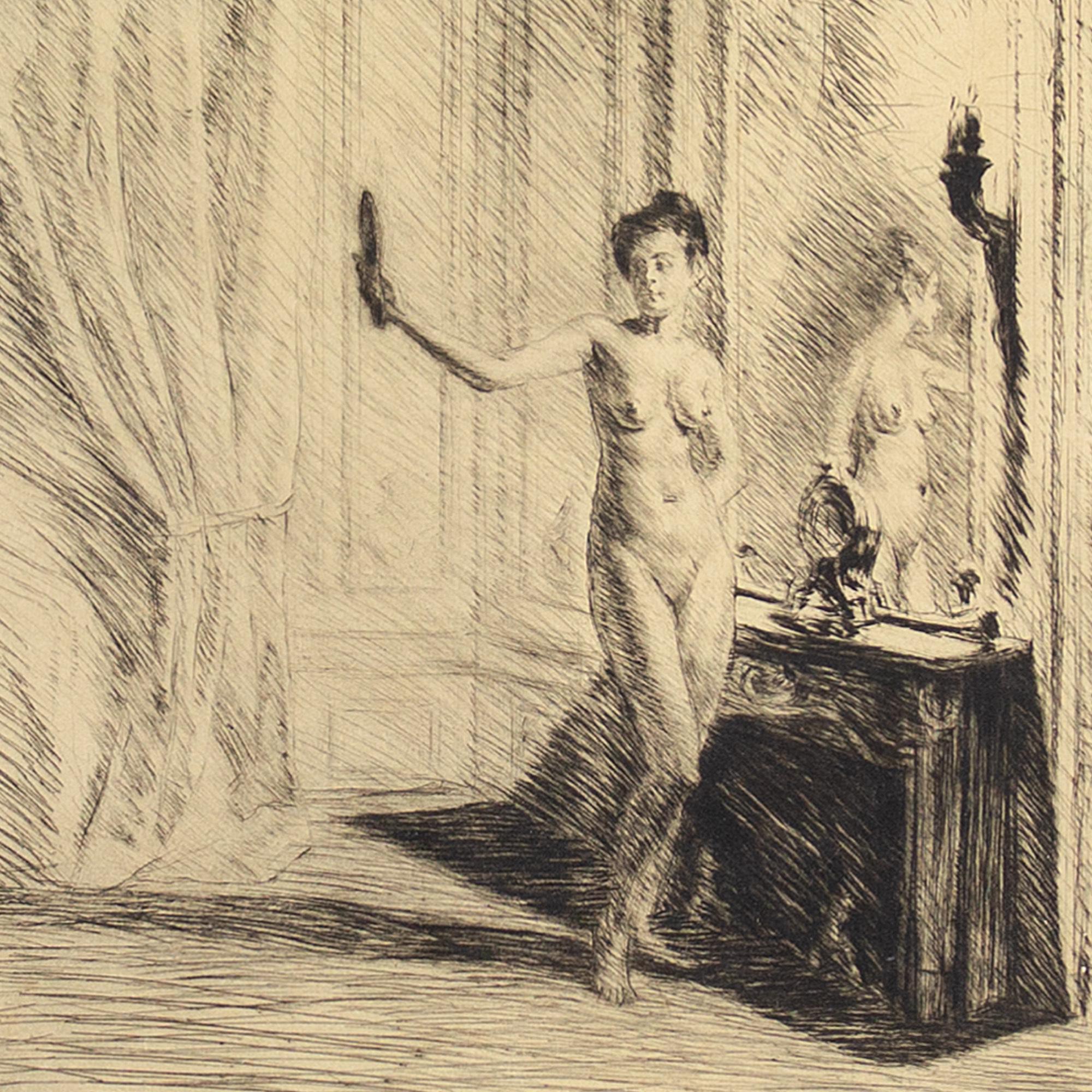 Otto Goetze, Interior With Standing Nude & Mirror, Etching For Sale 3