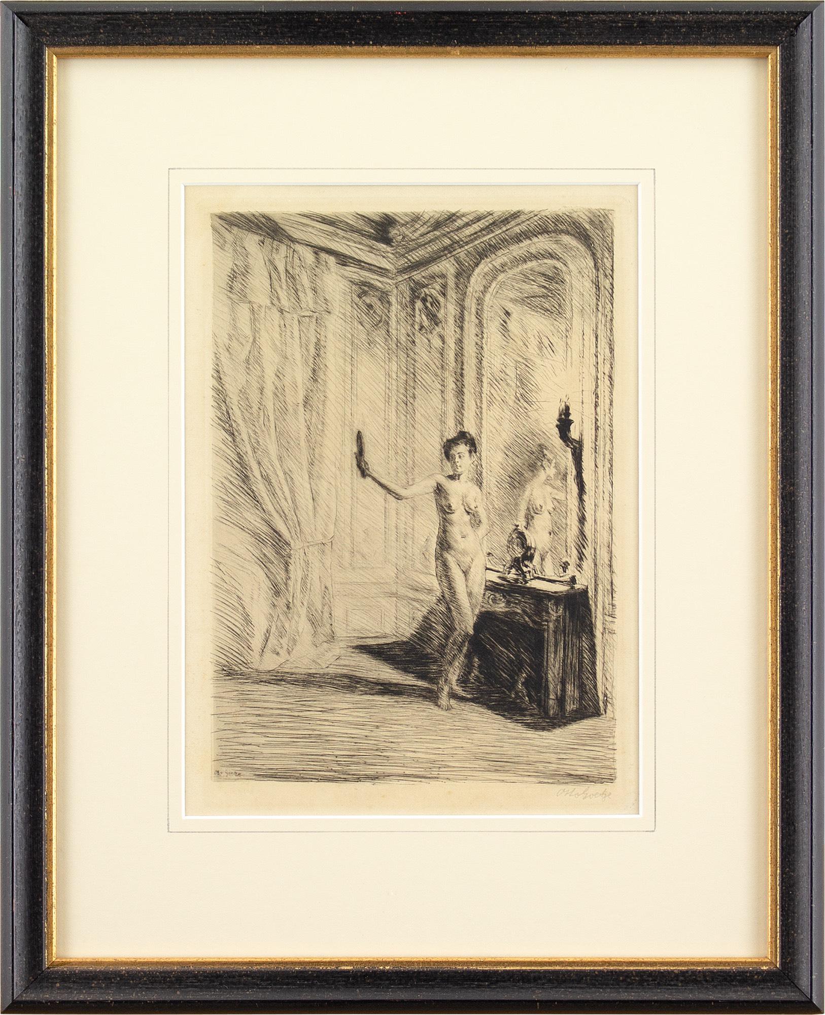 Otto Goetze, Inneneinrichtung mit stehendem Akt und Spiegel, Radierung