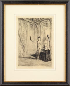 Antique Otto Goetze, Interior With Standing Nude & Mirror, Etching