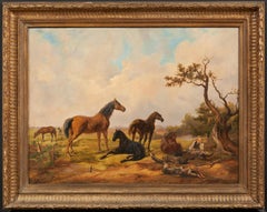 Antique Wide landscape with horses, Otto Grashof, Cologne 1850