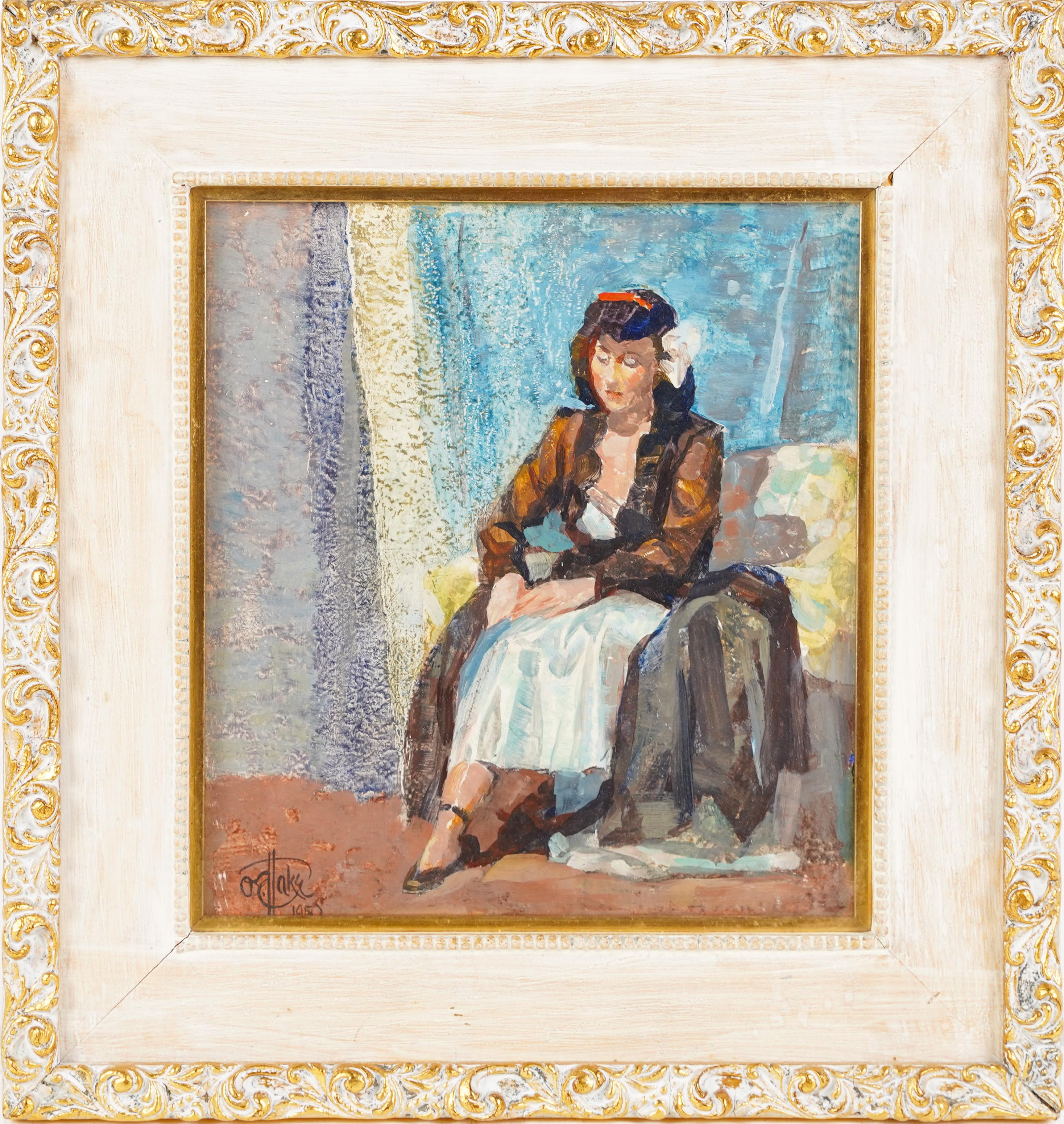 Peinture à l'huile originale encadrée d'un portrait de femme moderniste américaine, signée Otto Hake en vente 1