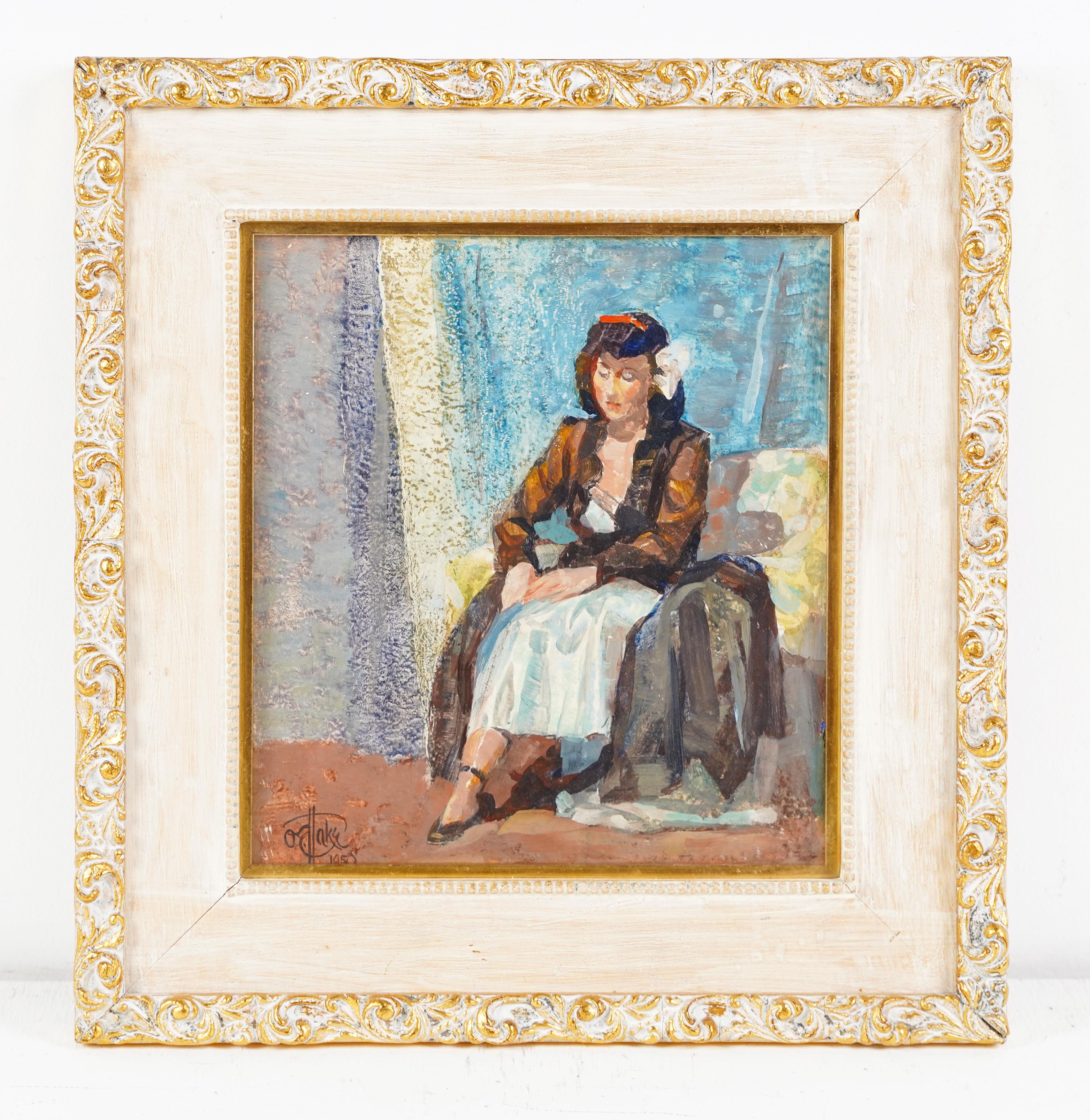 Peinture à l'huile originale encadrée d'un portrait de femme moderniste américaine, signée Otto Hake en vente 2