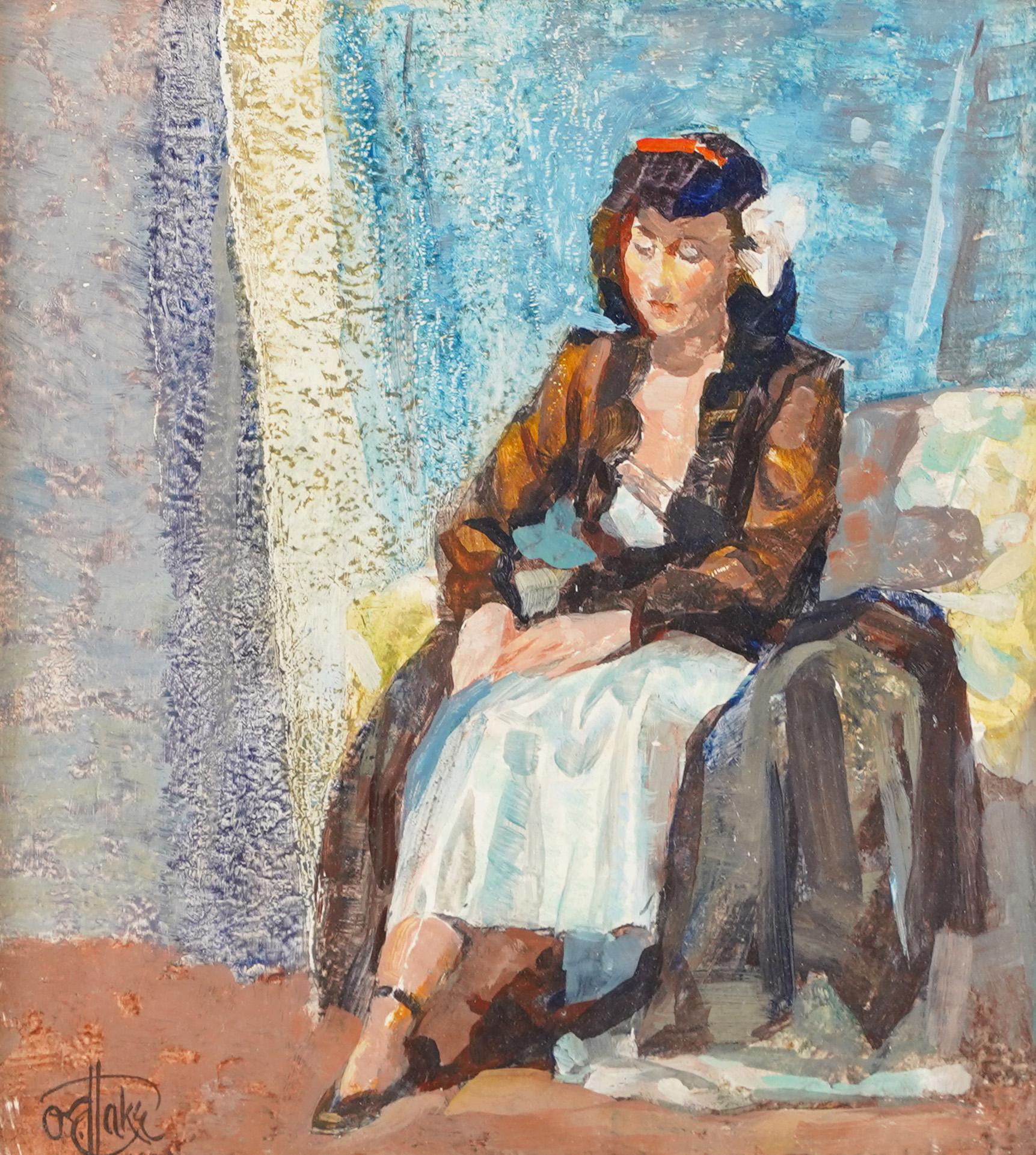 Peinture à l'huile originale encadrée d'un portrait de femme moderniste américaine, signée Otto Hake en vente 3