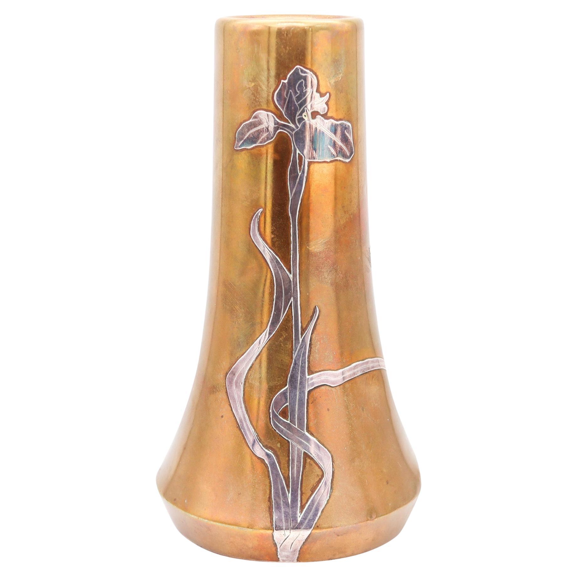 OTTO HEINTZ Art & Craft 1890 Fluted Vase Polished Brass & Sterling Silver Orchid For Sale