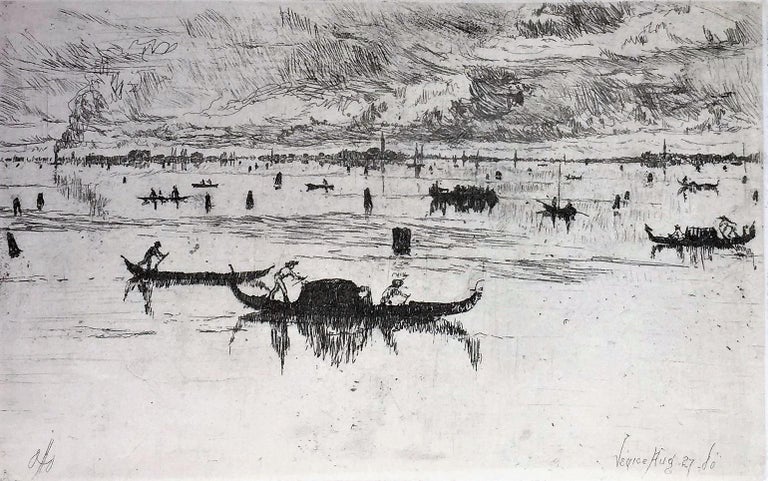 Laguna Veneta. 1880. Etching. 5 x 7 1/4 (sheet 8 3/4 x 11 1/4). Venetian series, #22. A rich impression printed on chine collé mounted on white wove paper.  
Printing fold in the right-hand margin, well outside the image. Signed 'Otto' and dated