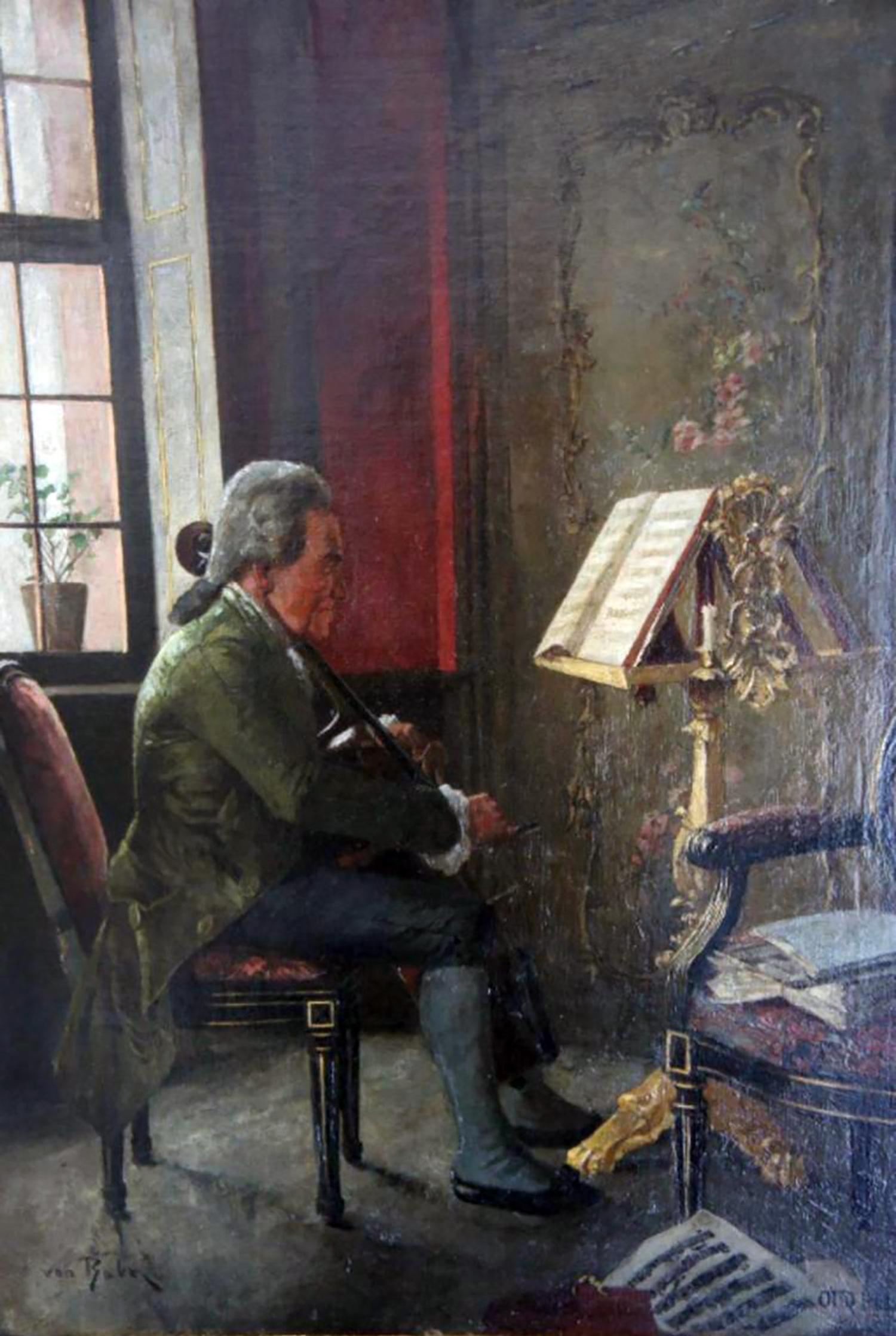 19th Century interiorscape portrait oil painting by well-listed artist Otto Herschel (German, 1871–1937)  Oil on Canvas  Depicts a seated gentleman playing the cello in a parlor or music room  Housed in a period gold gesso wood frame  Dimensions: