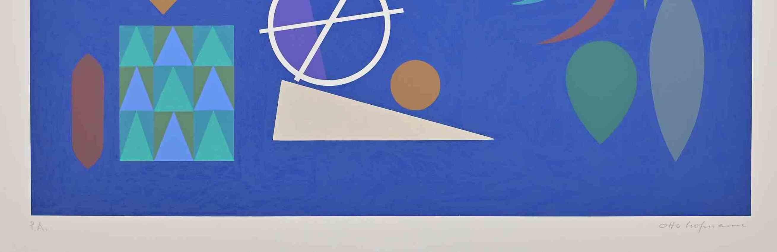 Blue composition is an original contemporary artwork realizedby Otto Hofmann in 1989.

Mixed colored serigraph.

Hand signed on the lower right margin.

Numbered on the lower left. Artist proof.

The artwork is from a potfolio edited by Edizioni