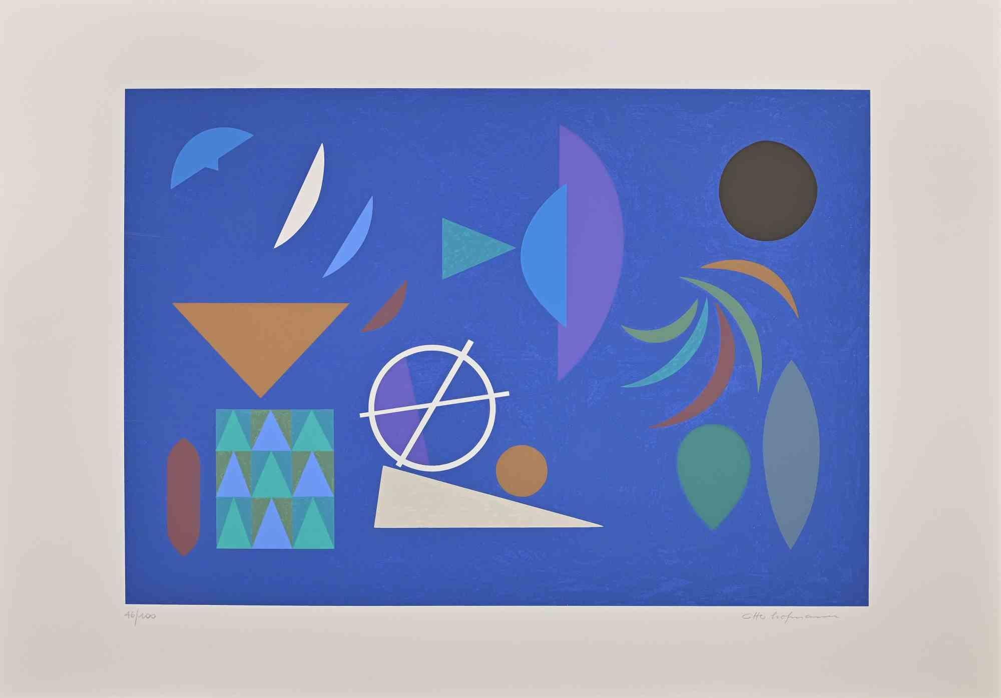 Blue composition is an original contemporary artwork realizedby Otto Hofmann in 1989.

Mixed colored screen print.

Hand signed on the lower right margin.

Numbered on the lower left. Edition of 46/100.

The artwork is from a potfolio edited by