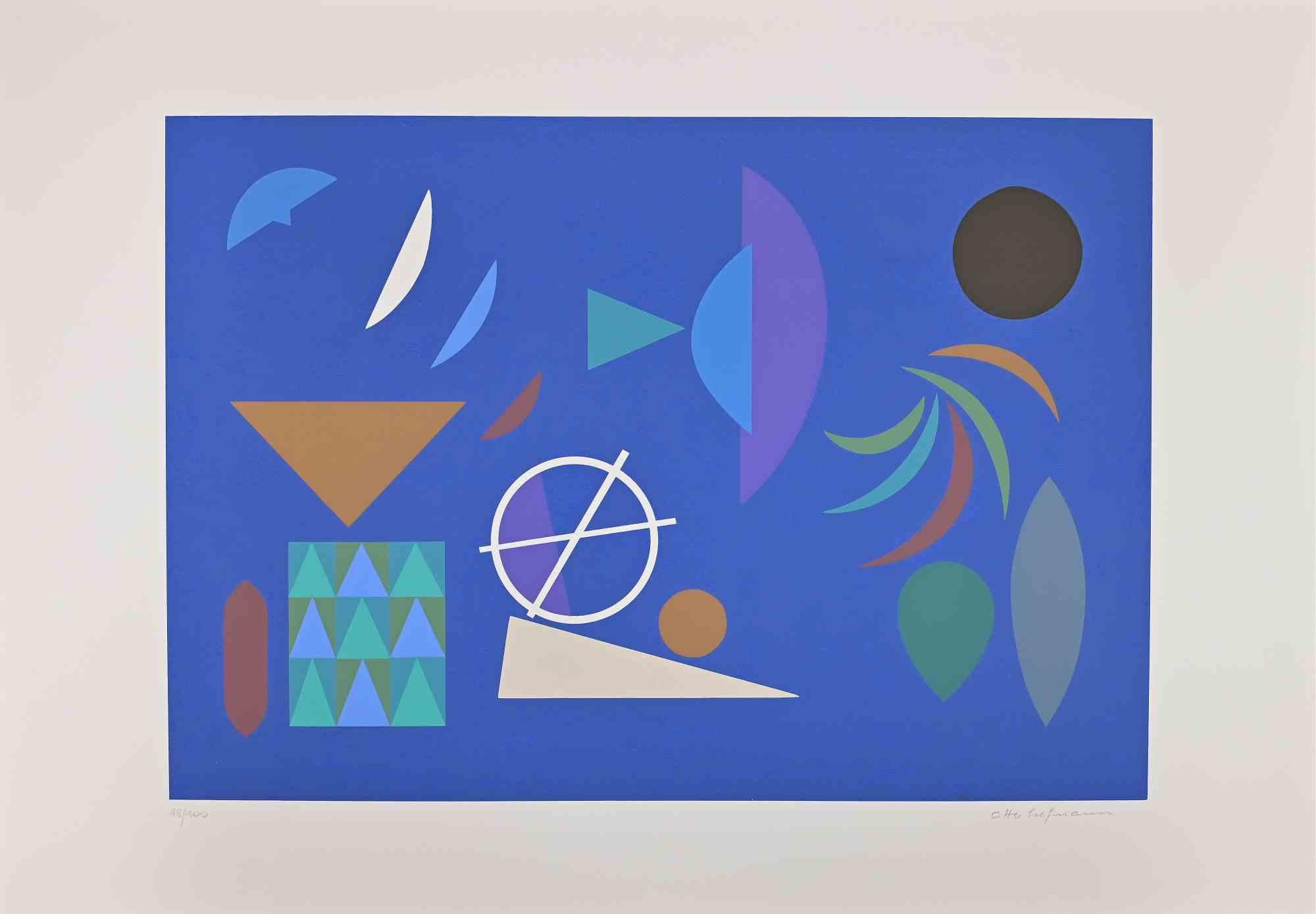 La composizione Blu è un'opera d'arte contemporanea originale realizzata da Otto Hofmann nel 1989.

Serigrafia mista colorata.

Firmato a mano sul margine inferiore destro.

Numerato in basso a sinistra. Edizione di 48/100.

L'opera è tratta da un