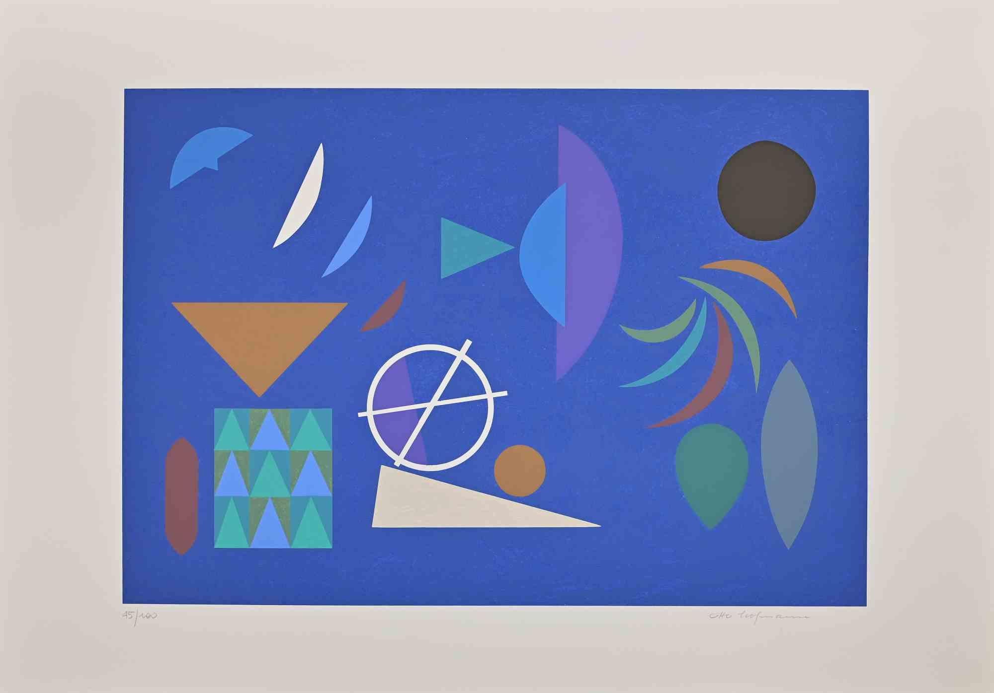 Blu composition is an original contemporary artwork realizedby Otto Hofmann in 1989.

Mixed colored screen print.

Hand signed on the lower right margin.

Numbered on the lower left. Edition of 45/100.

The artwork is from a potfolio edited by