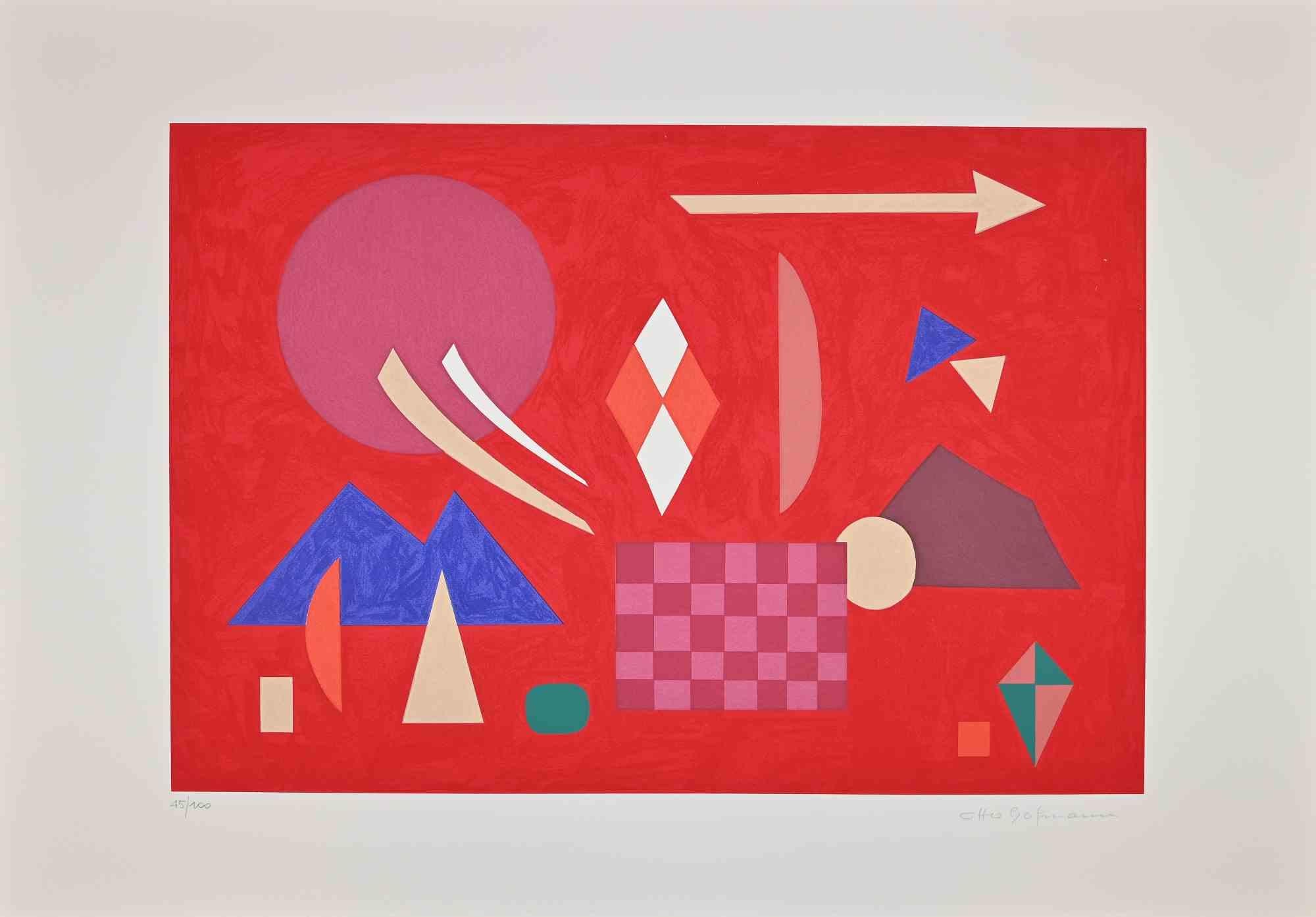 Red composition is an original contemporary artwork realized by Otto Hofmann in 1989.

Mixed colored screen print.

Hand signed on the lower right margin.

Numbered on the lower left. Edition of 45/100.

The artwork is from a potfolio edited by