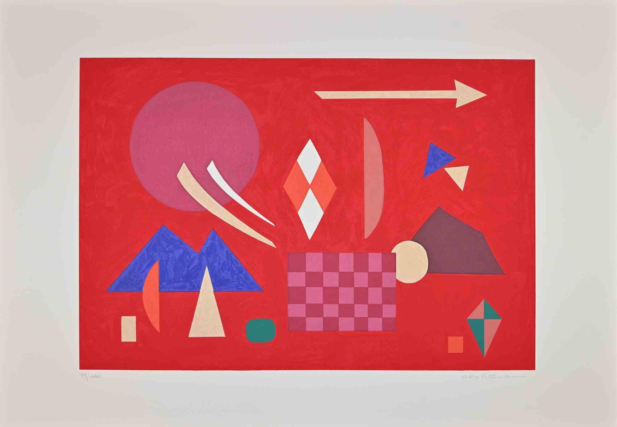 Red composition is a contemporary artwork realized by Otto Hofmann in 1989.

Mixed colored screen print.

Hand signed on the lower right margin.

Numbered on the lower left. Edition of 99/100.

The artwork is from a potfolio edited by Edizioni