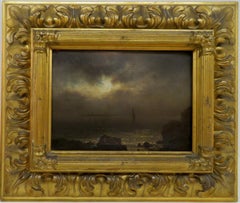 Antique GERMAN 19thC Oil On Panel NOCTURNAL MOONLIT SCENE VENICE LAGOON Italian