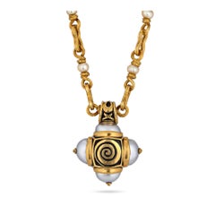 Otto Jakob Lalibela Emerald Keshi Pearl Enameled Gold Cross Pendant Necklace