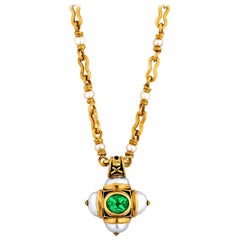 Otto Jakob Lalibela Emerald Keshi Pearl Enameled Gold Cross Pendant Necklace