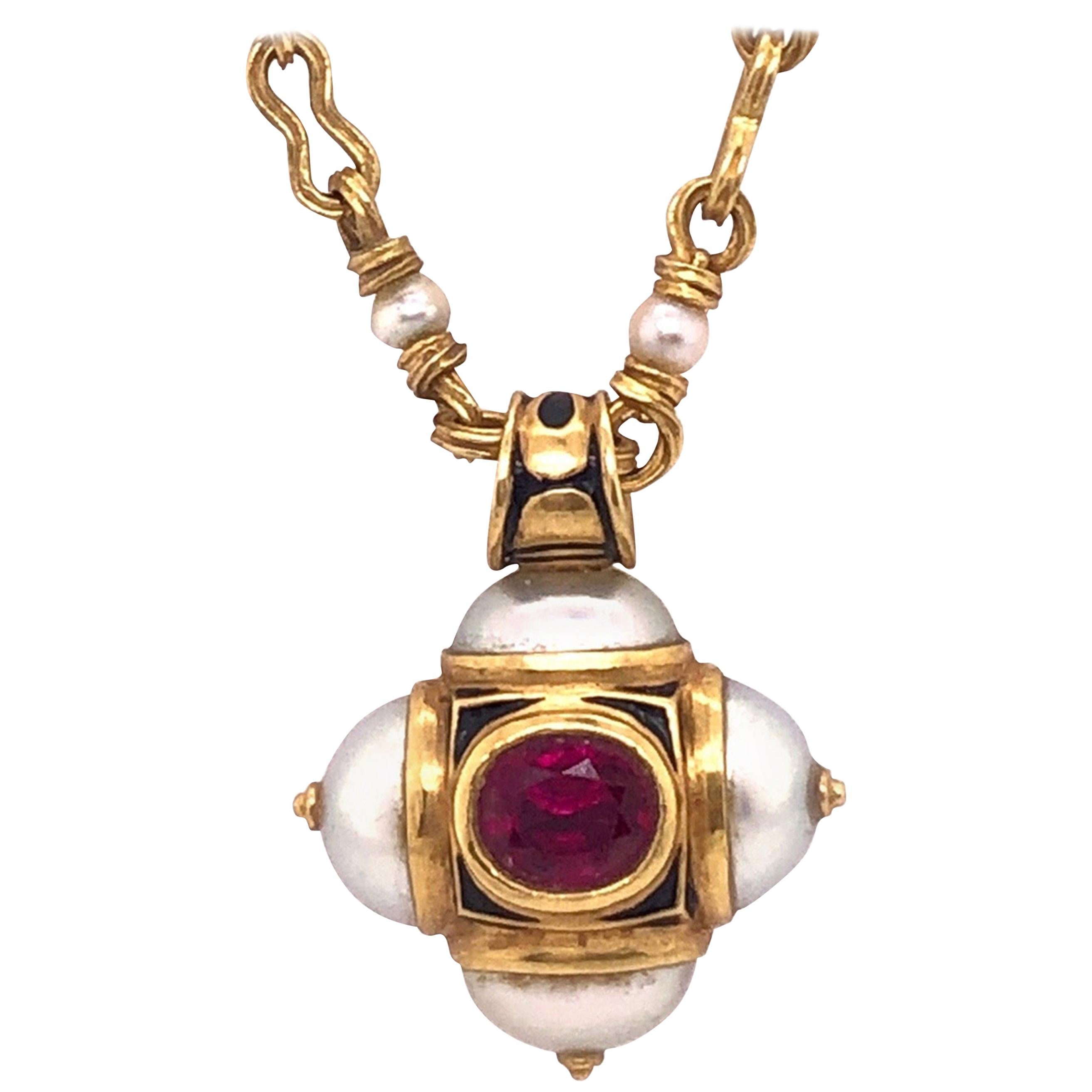Otto Jakob Lalibela Emerald Keshi Pearl Ruby Gold Cross Pendant Necklace For Sale