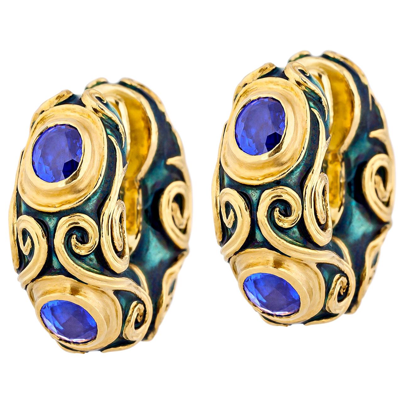 Otto Jakob Maori Sapphire Enameled Gold Earrings