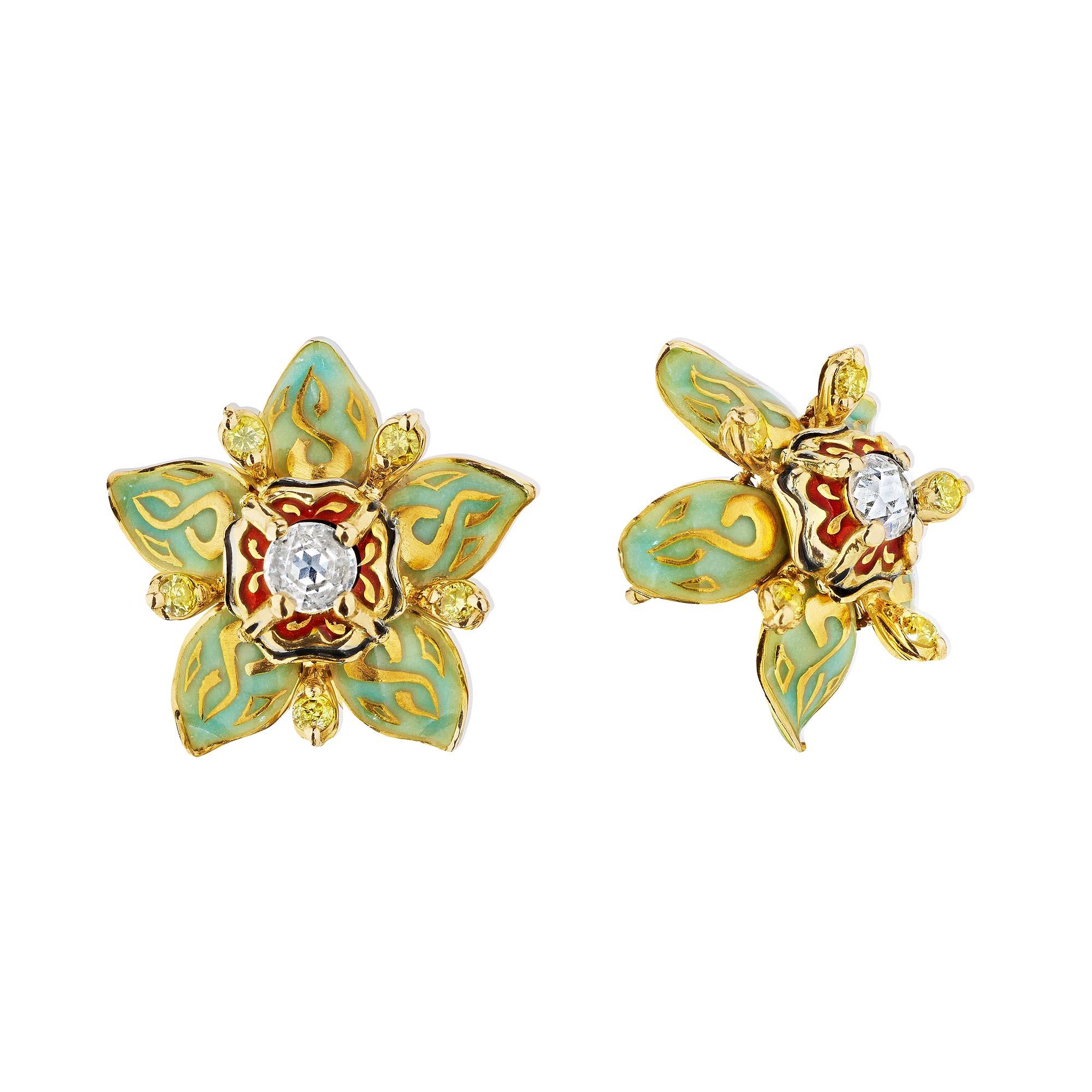 Modernist Otto Jakob Stapelia Diamond Gold Enamel Vintage Floral Earrings For Sale