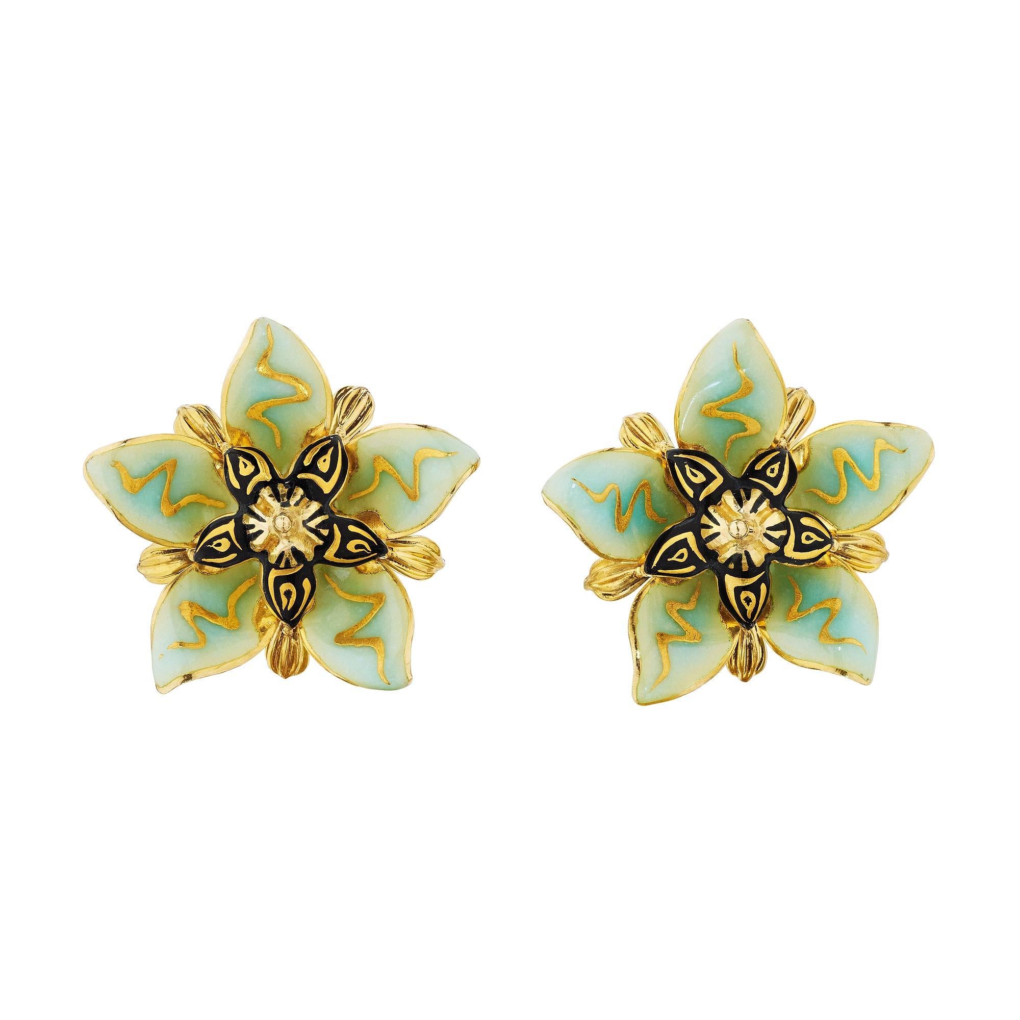 Round Cut Otto Jakob Stapelia Diamond Gold Enamel Vintage Floral Earrings For Sale