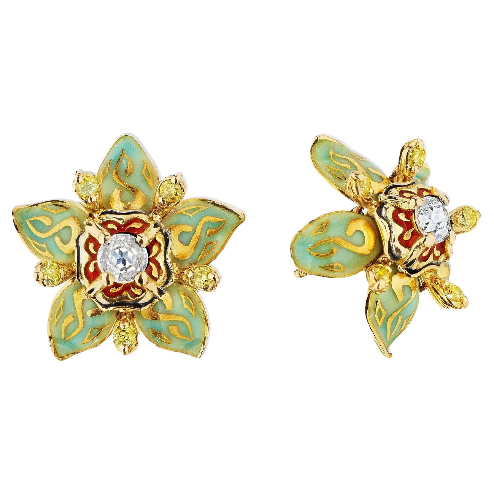 Otto Jakob Stapelia Diamond Gold Enamel Vintage Floral Earrings