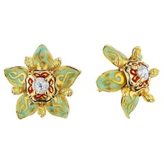 Otto Jakob Stapelia, boucles d'oreilles vintage à fleurs en or, émail et diamants